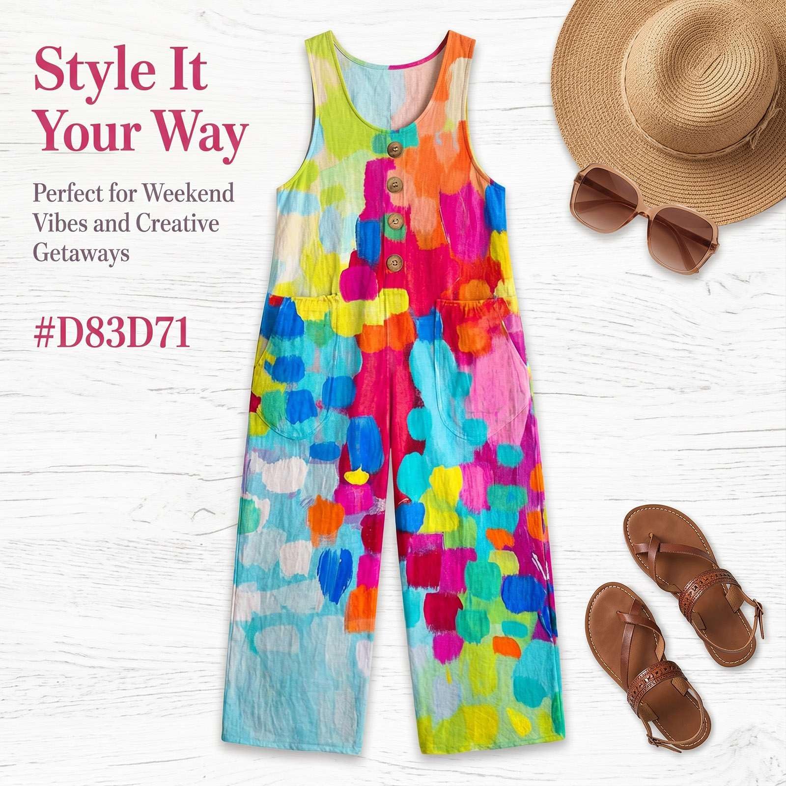 Generico Salopette Donna Estiva Lunga Boho Chic, Tuta Lino e Cotone Senza Maniche con Tasche e Bottoni, Jumpsuit Gamba Larga Stampa Astratta Multicolore, Tuta Intera Comoda per Mare e Vacanze