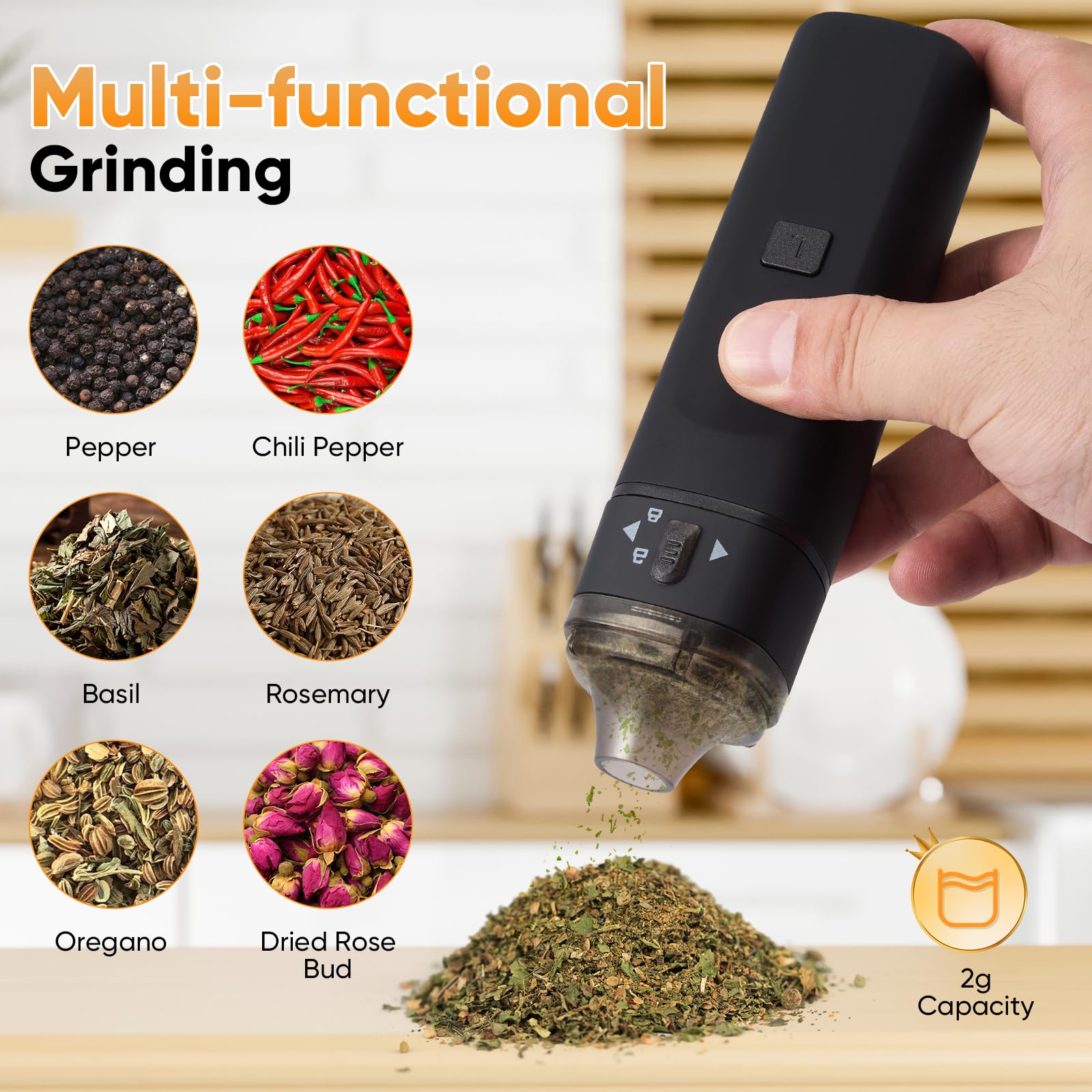 Grinder Elektrisch, Elektrischer Grinder mit Starkem Motor Schnelles Mahlen, USB-Aufladung, 2-Wege-Mahlen elektrische gewürzmühle für Gewürzen/Pollen