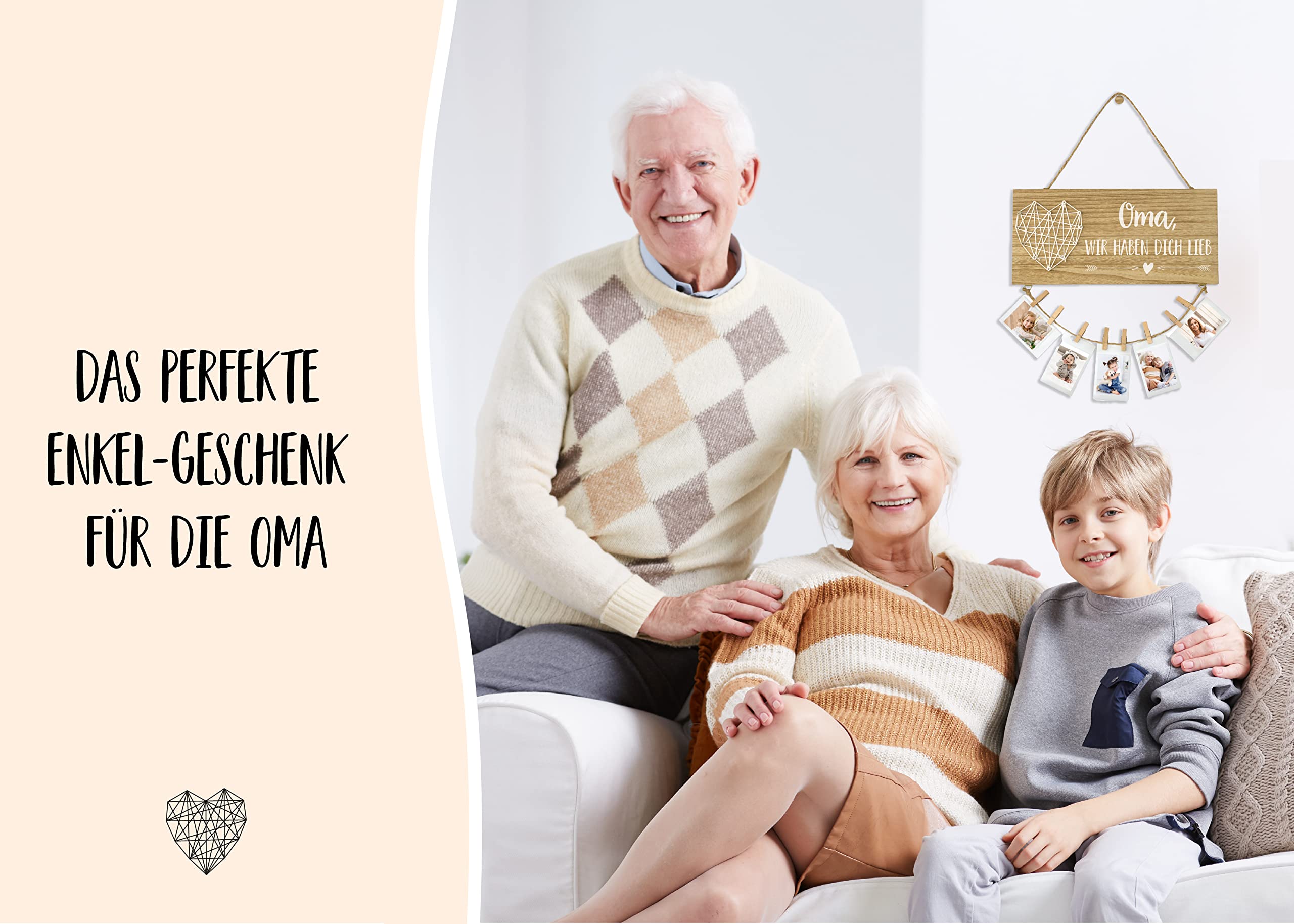 Oma wir haben Dich lieb | Oma Geschenk, Geburtstagsgeschenk | Holzschild, Fotoseil und Holz Klammern | Tolles Geschenk für Oma zum Geburtstag, Muttertag oder Weihnachten