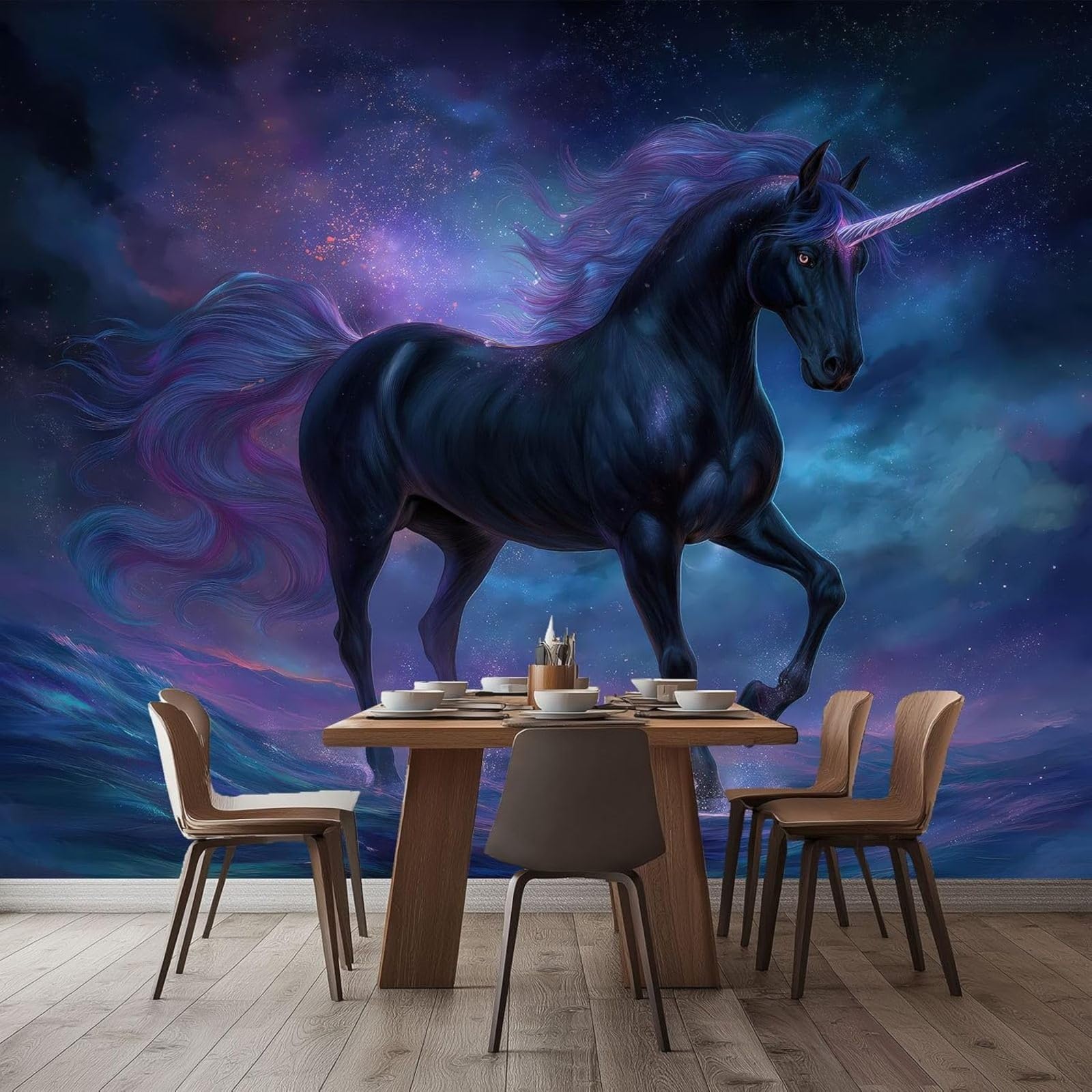 Fantasy wallpaper, starry sky, unicorn photo wallpaper, wall decoration, wallpaper, wall covering, decoration, study, living room, restaurant, cafe decor, 300cm x 210cm, stickers - frameless painting