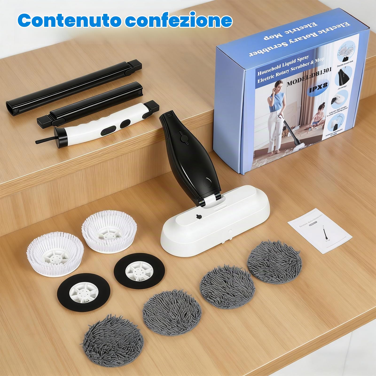 Lavapavimenti Elettrico, Lavapavimenti Senza Fili Con Funzione Spray Serbatoio Dell'acqua 800ML Batteria 4000Mah Design Doppia Spazzola Include 2 Spazzole Piatte 4 Panni Adatto Tutti I Tipi Pavimento