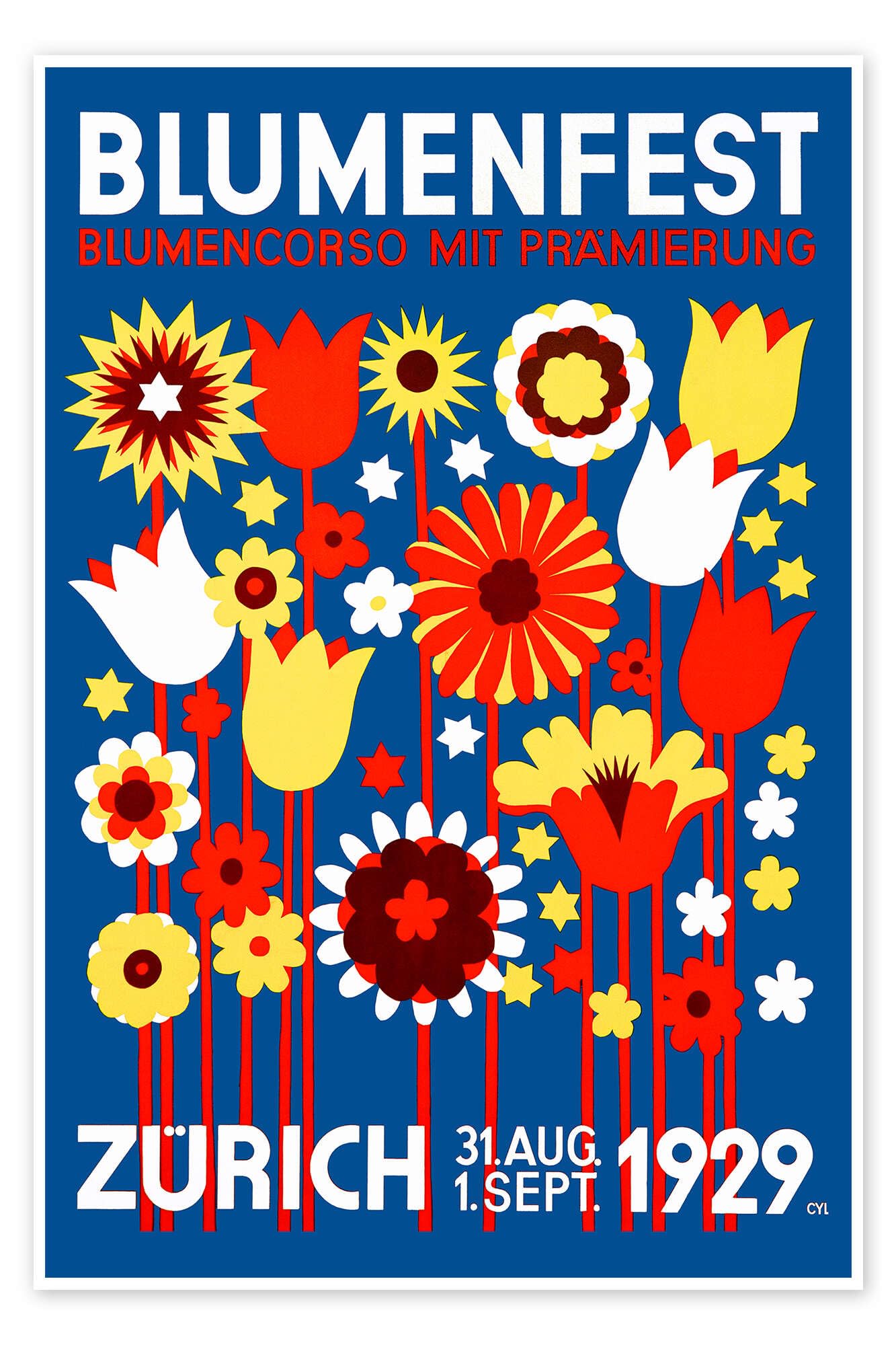 Posterlounge Flower Festival Zurich, 1929 Poster | 90 x 130 cm di Walter Cyliax Blu Quadri Decorazione per pareti