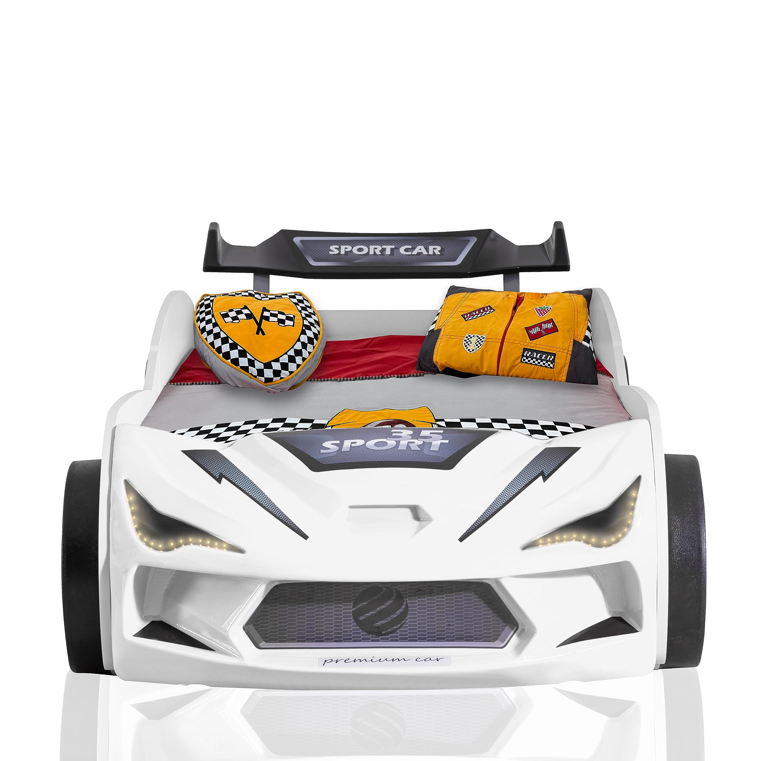 Autobett Kinder Kinderbett Rio 90x200 Rennwagenbett inkl. Lattenrost LED-Leuchte Spoiler (ohne Matratze, Weiß ohne Sportsitze)