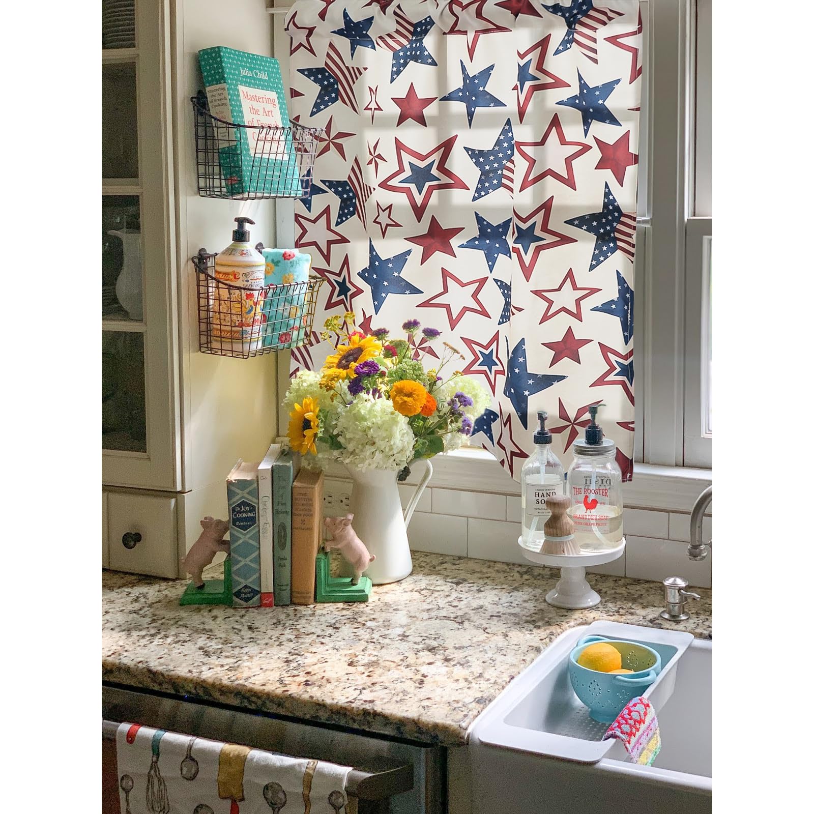 4th of July Kitchen Curtains 3 Piece Set Patriotic Independence Memorial Day USA Curtains Valance & Tiers Short Window Curtain Over Sink Window for Kitchen Home Cafe Indoor 36 Inch Patriotic Decor