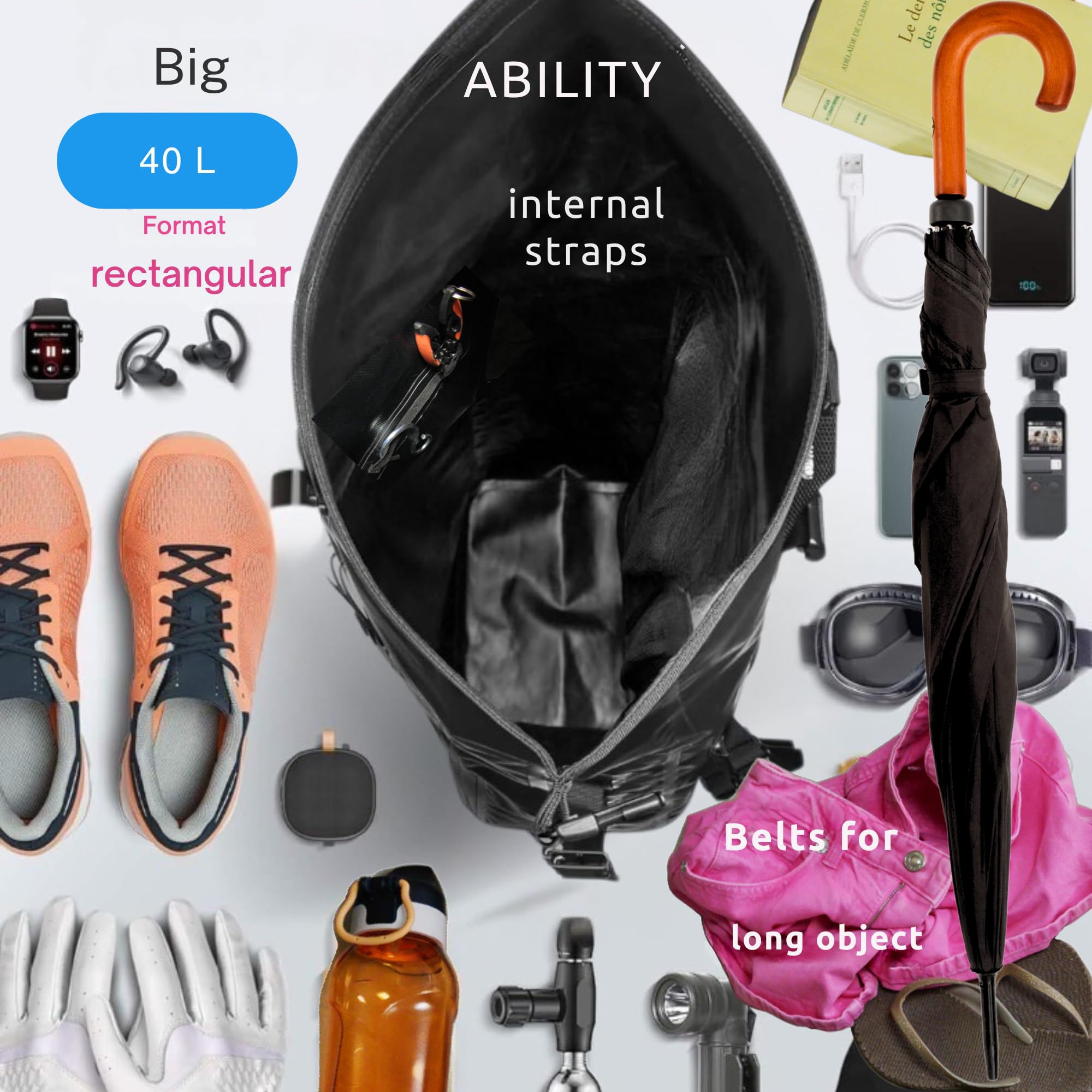 Wodoodporny plecak turystyczny 25L-40L | Regulowana objętość, szybkie zamknięcie, wygodne noszenie, miękkie mocowania, wodoodporne kieszenie, pasek odblaskowy - szary