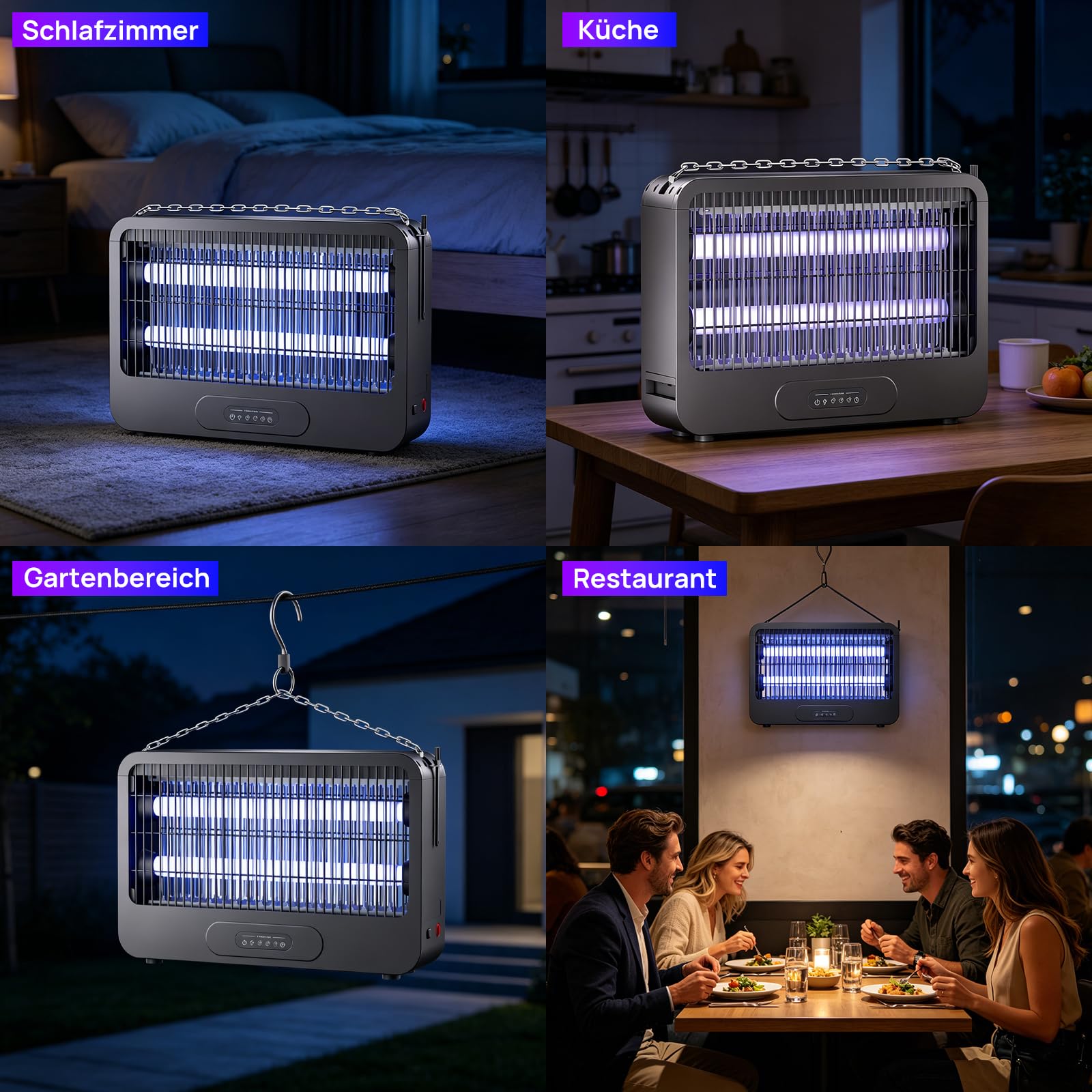 Elektrischer Insektenvernichter 20W 3500V UV elektrische Fliegenfalle & Fliegenfänger mit Fernbedienung und Timer, Insektenfalle Mückenlampe für Innen, Küche, Wohnzimmer und Garten, 2 Ersatz-UV-Lampen