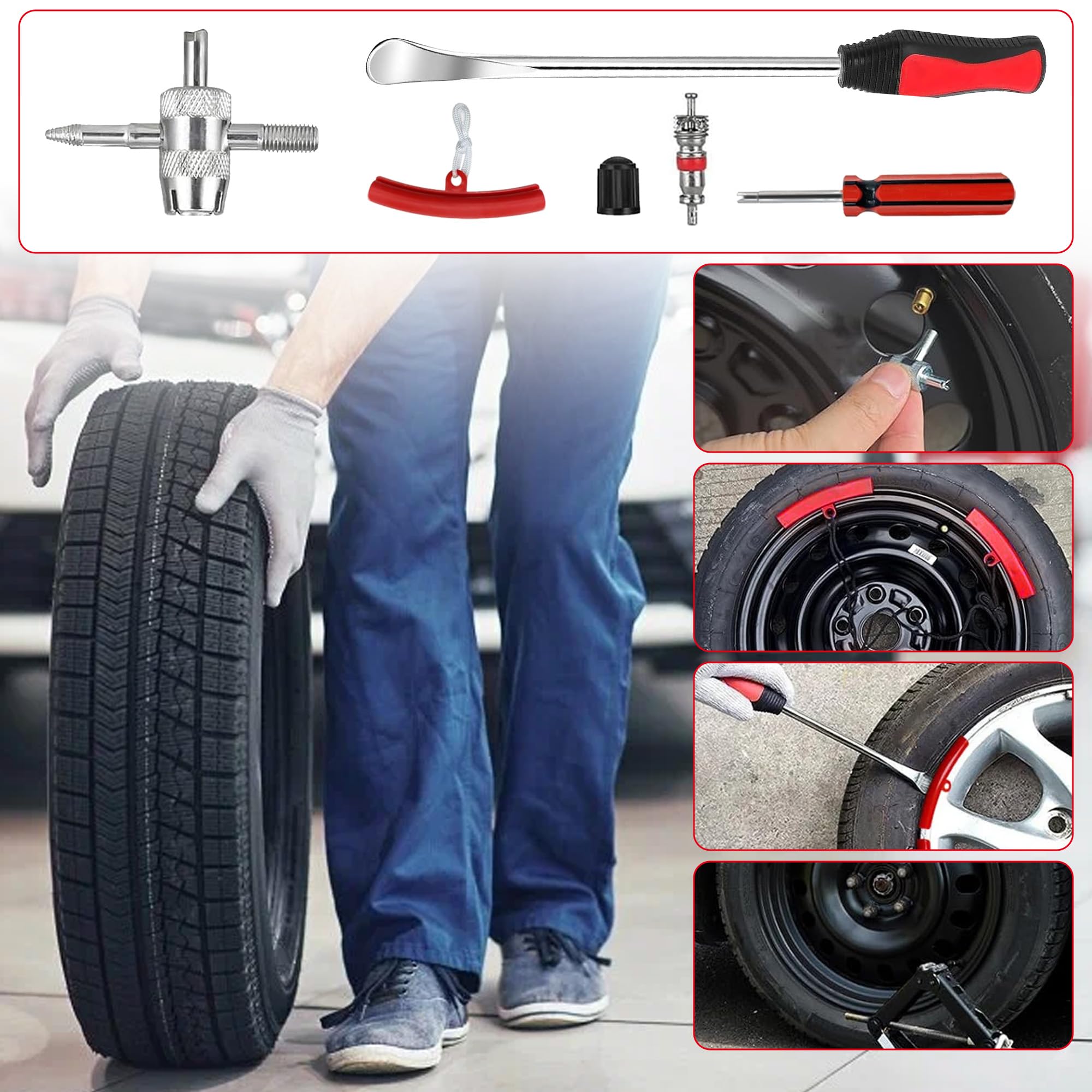 39Pcs Tyre Lever Tool Kit: 30.5CM Heavy Duty Tyre Spoons with Rim Protectors Valve Caps & Cores Tyre Repair Tools for Bike Motorcycle Car Wheel Removal Garage Workshop Emergency Repair - 5