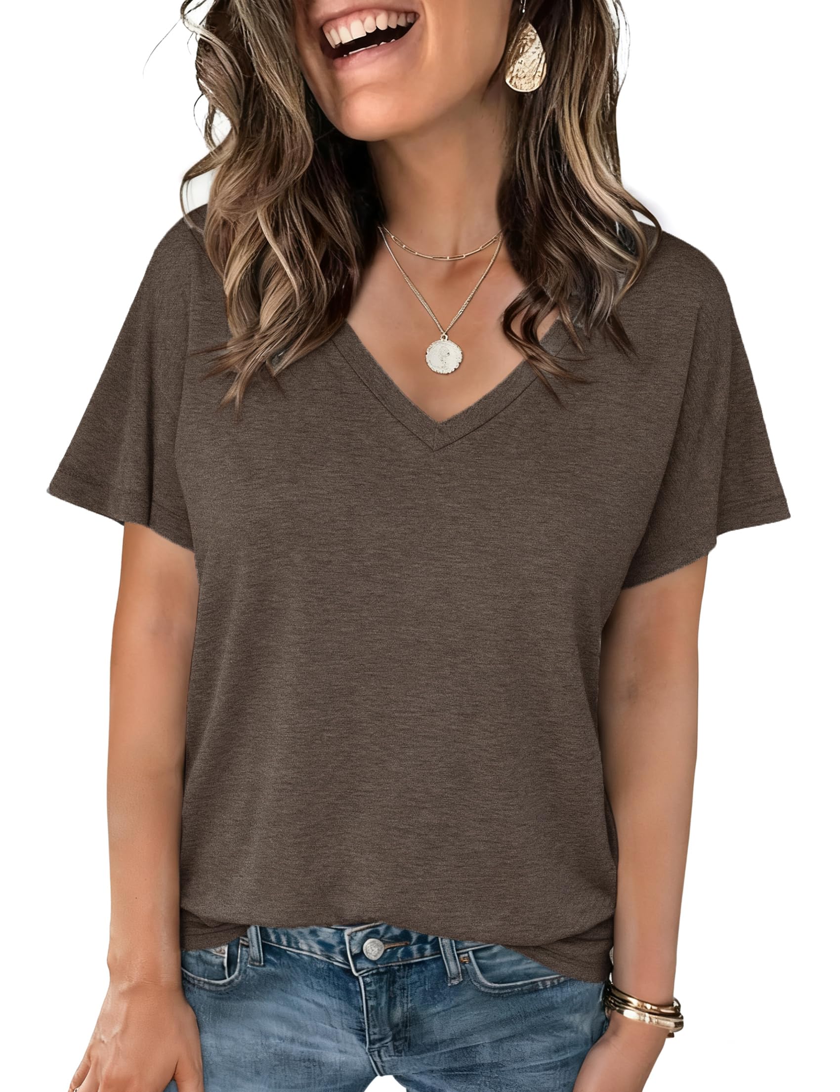 Crewhpo T Shirt Damen Kurzarm Einfarbige Shirts Sommer Basic Shirt Kurzärmeliges Casual Top Stretch Baumwolle Oberteile Lockeres Elegant