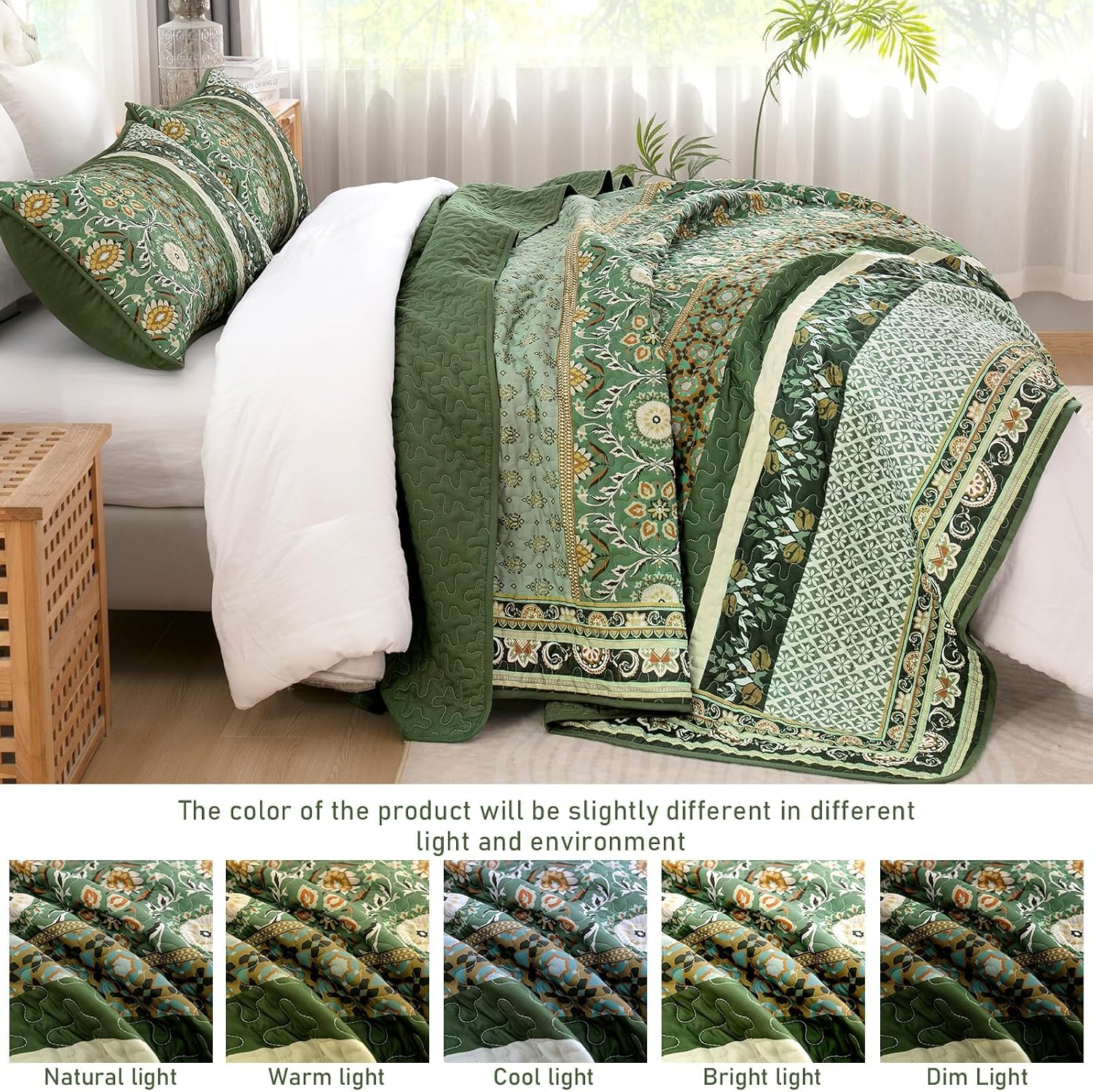 Yiran Quilts Full Size, Spring Summer Olive Green Bedspreads Bedding Set, Lightweight Boho Vintage Bohemia Coverlet Set with 2 Shams for Bed 78x90 Inch