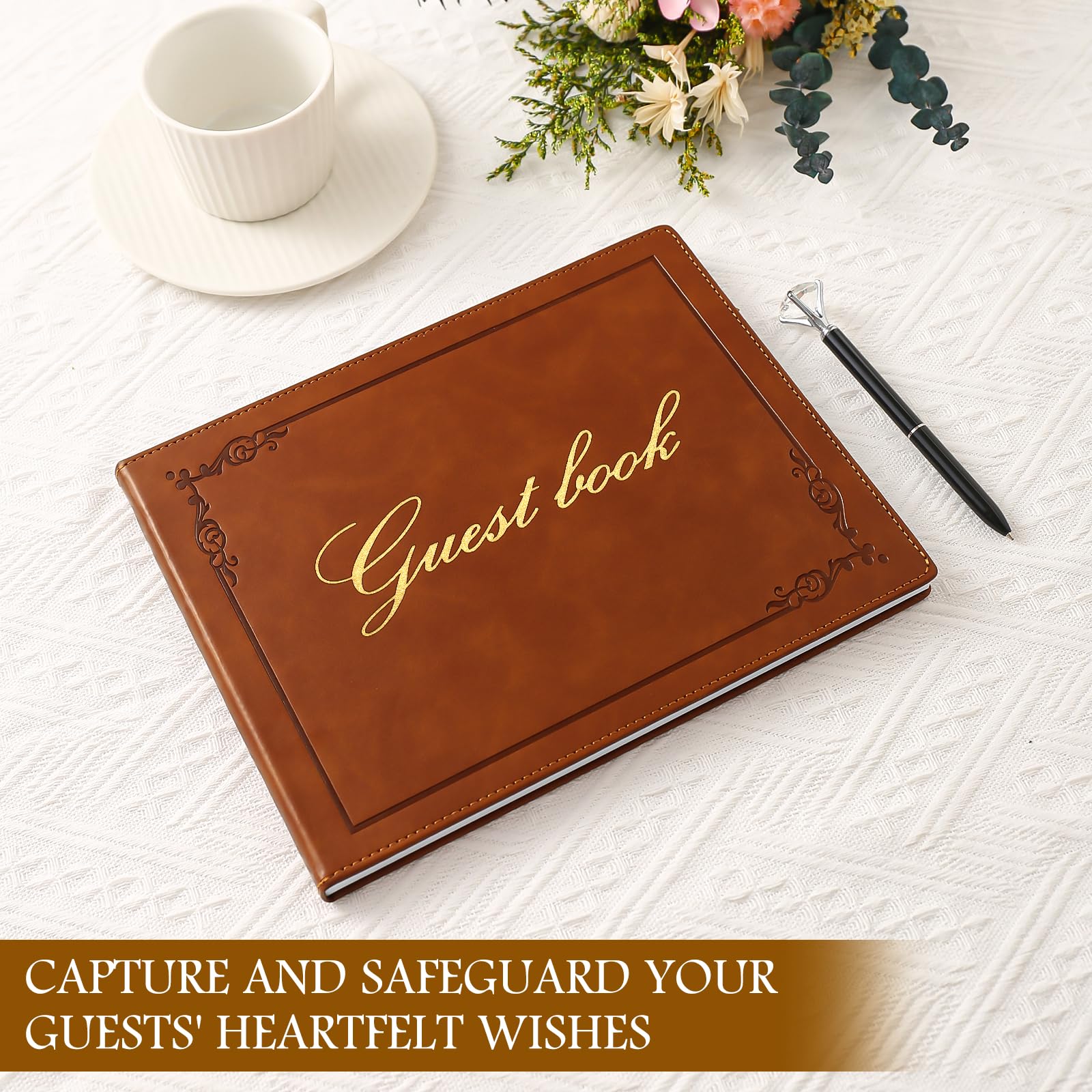Gästebuch und Stand-up-Schilder-Set, Leder, 20,3 x 25,4 cm, Goldfolie, Registrierungsbuch für Hochzeitsempfang, Ruhestandsfeier, Ferienhäuser und Veranstaltungen, 120 Blatt (braun)