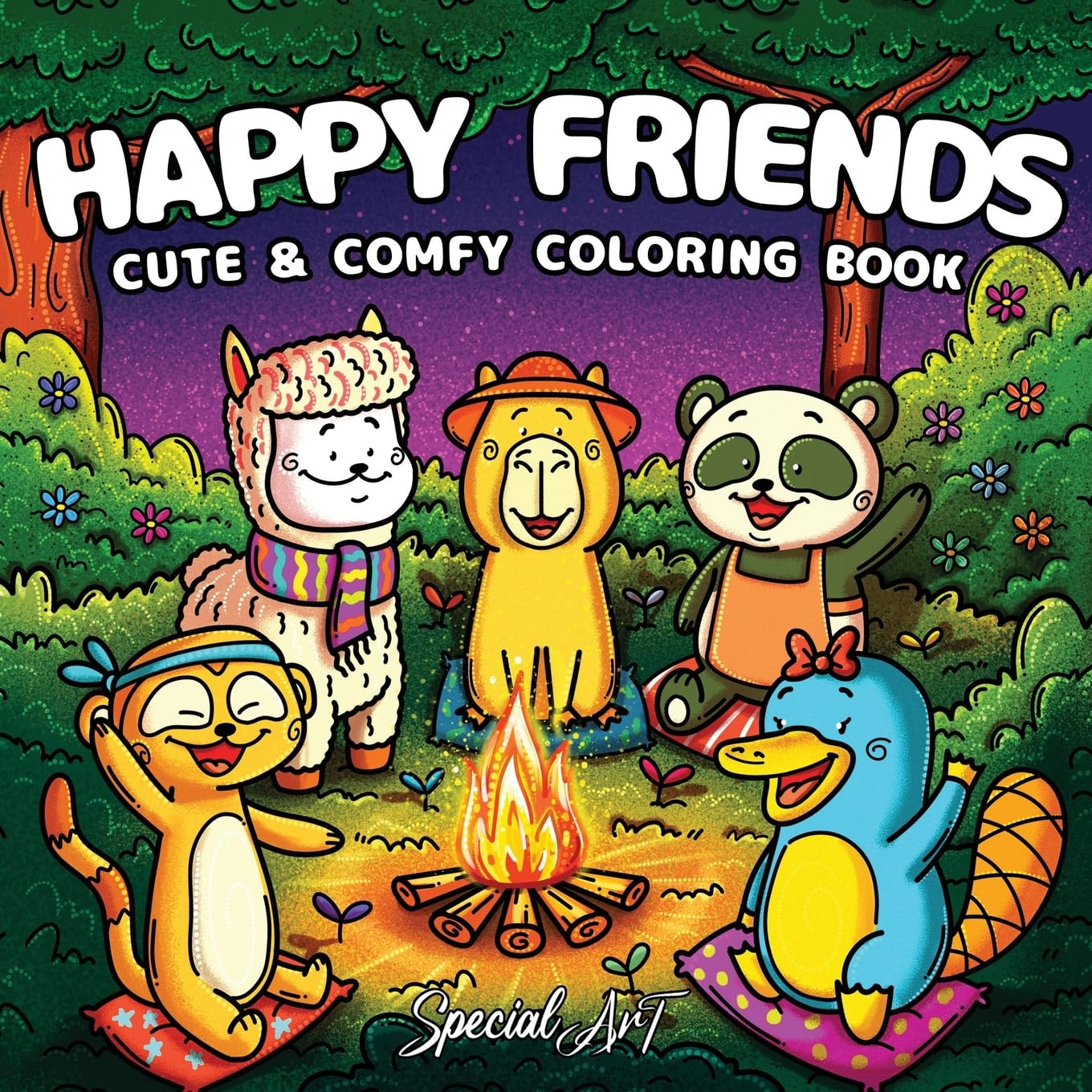 Happy Friends: Coloring Book for Adults and Teens Featuring Super Fun and Cute Animal Characters with Cozy and Simple Scenes for Relaxation: 1