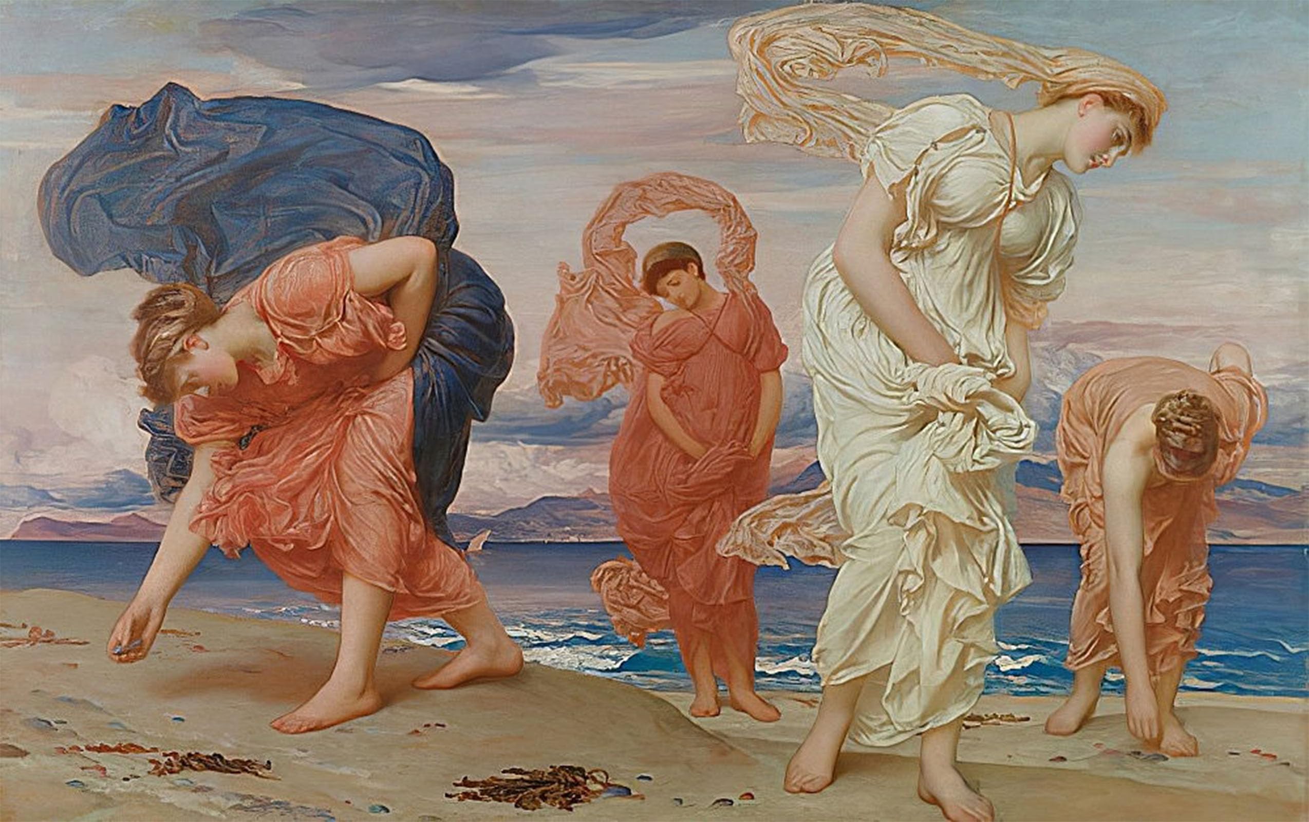 Artxlxxbn Girls No Frame Famous Prints Artwork Pictures Poster Painting Art Greek Picking Up Pebbles By The Sea By Frederic Leighton Artwork Landscape Pictures For Home Decor 60X90cm
