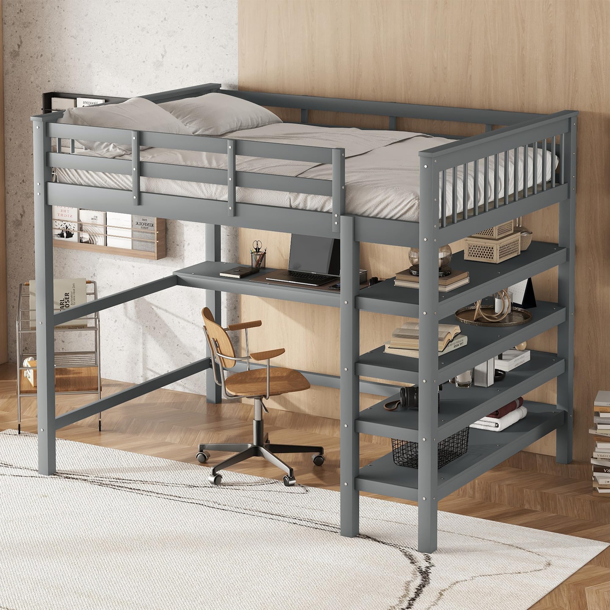 Łóżko piętrowe 140 x 200 cm szare jako rama łóżka to łóżko Bunk Bed oraz łóżko młodzieżowe i łóżko funkcyjne z litego drewna sosnowego z biurkiem i półkami do pokoju gościnnego