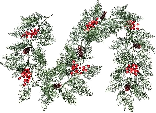 DearHouse Guirnalda de Navidad de pino de 6 pies con abeto, ciprés, bayas, piñas, guirnalda de vegetación artificial de invierno para temporada de