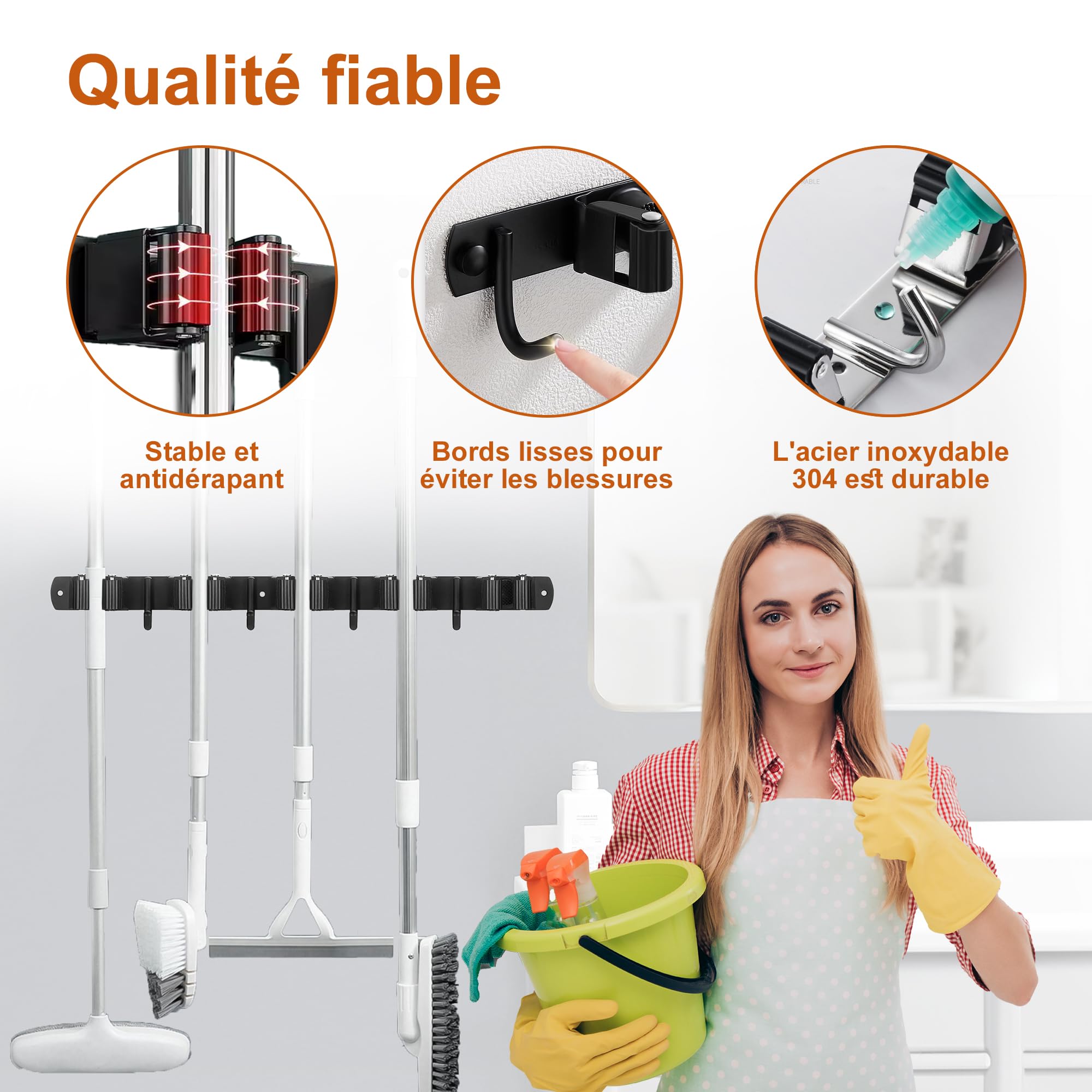 Accroche Balai Mural, Porte Balais Mural en Acier Inoxydable - 10 Supports + 8 Crochets, Support Balais Mural Sans Percer Noir, Utilisable en Cuisine, Salle de Bain, Jardin, Garage (2 Pièces)