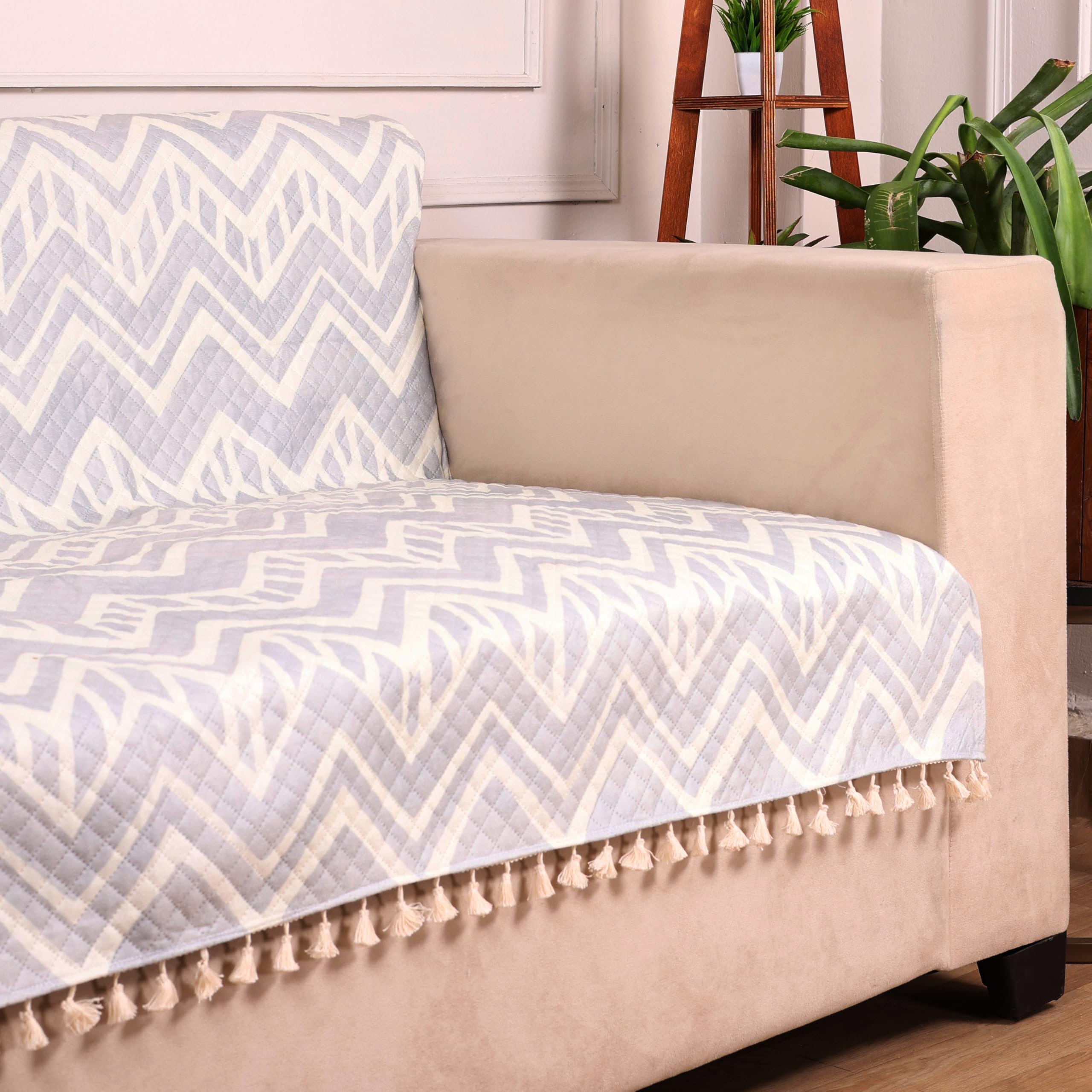 STITCHNEST Quilted Velvet Sofa Cover with Tassels – 24x60 Inch, Grey & Ivory Zigzag Design, Soft & Stylish, Washable Sofa Protector for 1-Seater