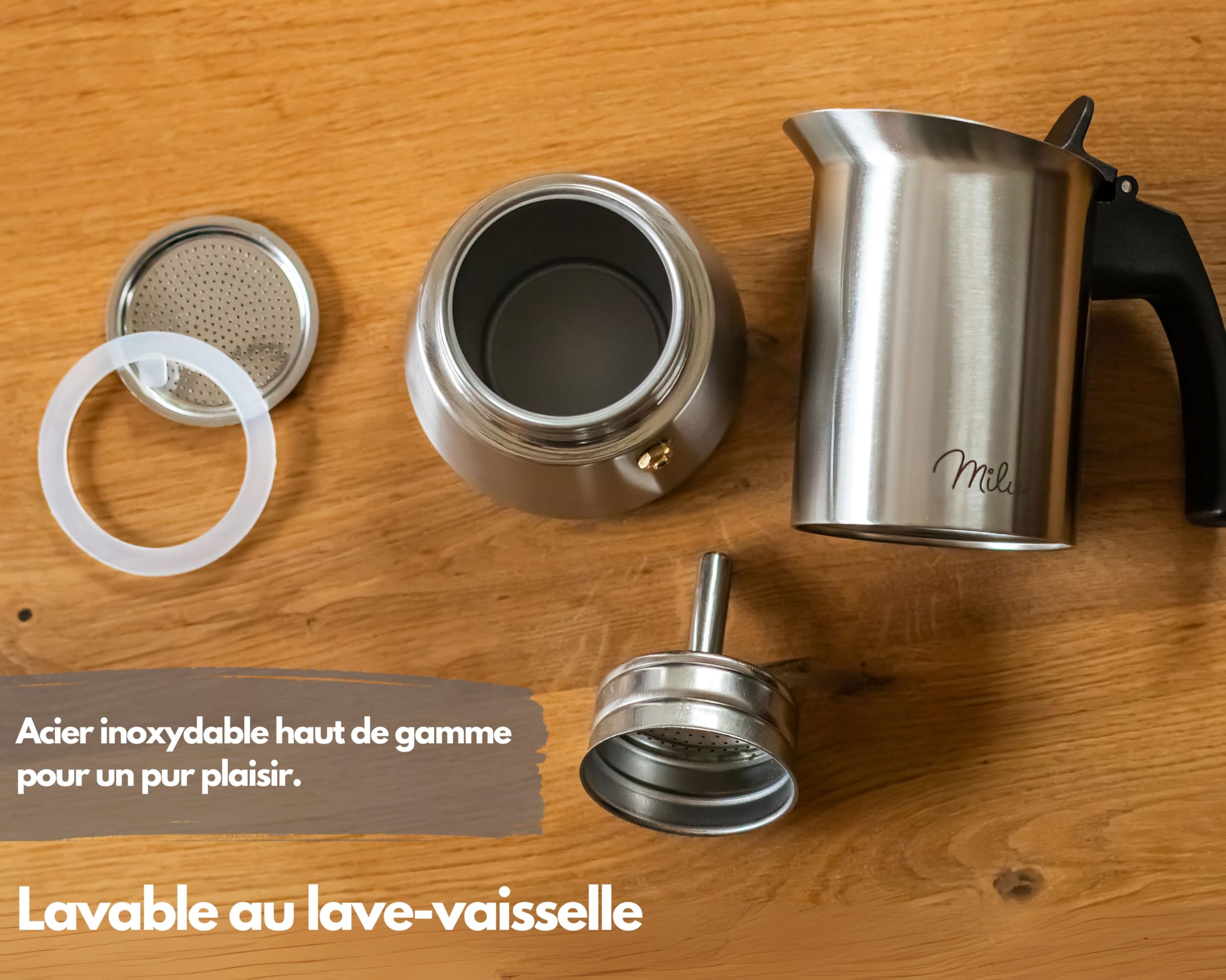 Milu cafetière Italienne Induction | 2, 4, 6, 9 Tasses | Cafetière Moka en INOX, Espresso Maker Acier Inoxydable, Ensemble comprenant un sous-verre, une cuillère (Aspect bois, 4 tasses (200ml)