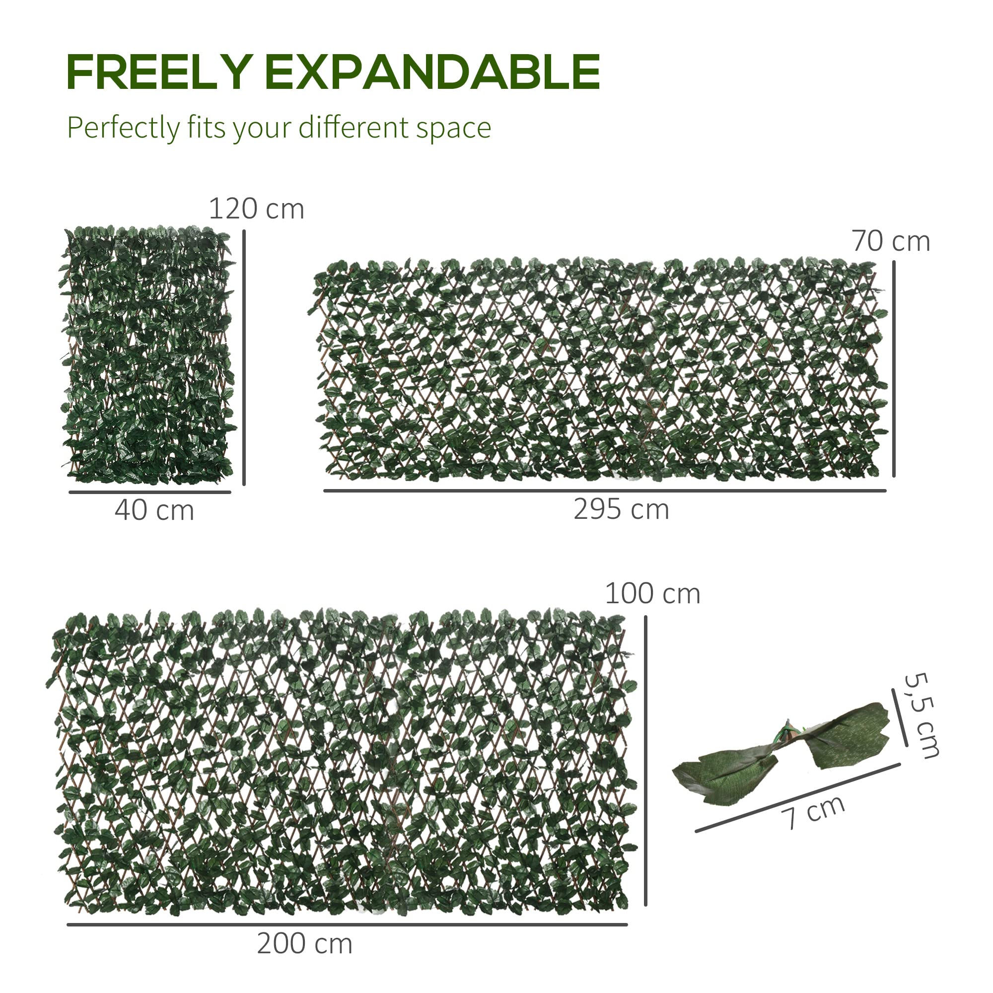 Outsunny Haie artificielle feuilles murale brise-vue 2 panneaux longueur ajustable 295 x 70 cm treillis extensible feuillage réaliste en PE vert