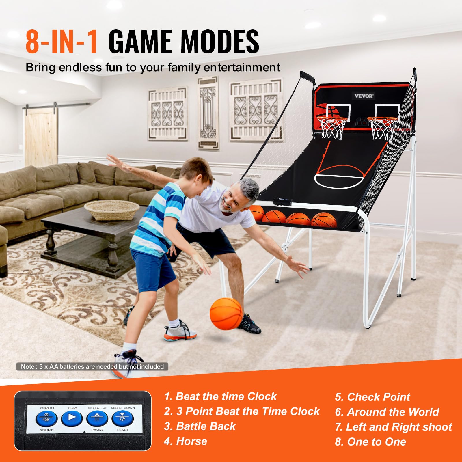 VEVOR Juego de baloncesto plegable de arcade, juego de baloncesto interior para 2 jugadores, deporte dual en casa con 4 bolas, 8 modos de juego, marcador electrónico y bomba de inflado, para adultos 4