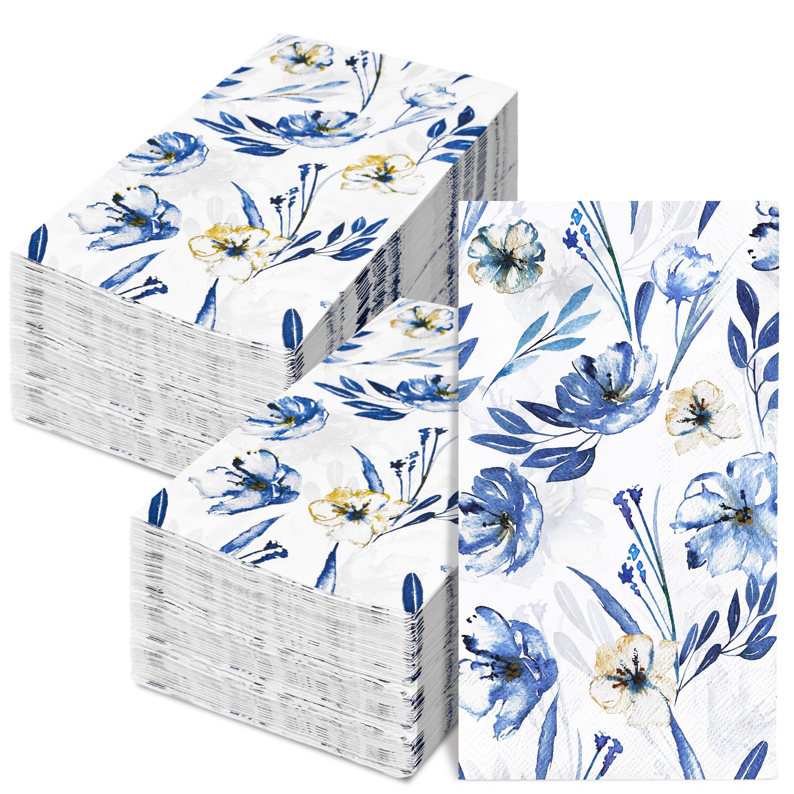 80 Sheets Blue Floral Guest Napkins Watercolor Spring Flower Disposable Paper Napkins Vintage Decorative Dinner Hand Napkins for Home Kitchen Bathroom