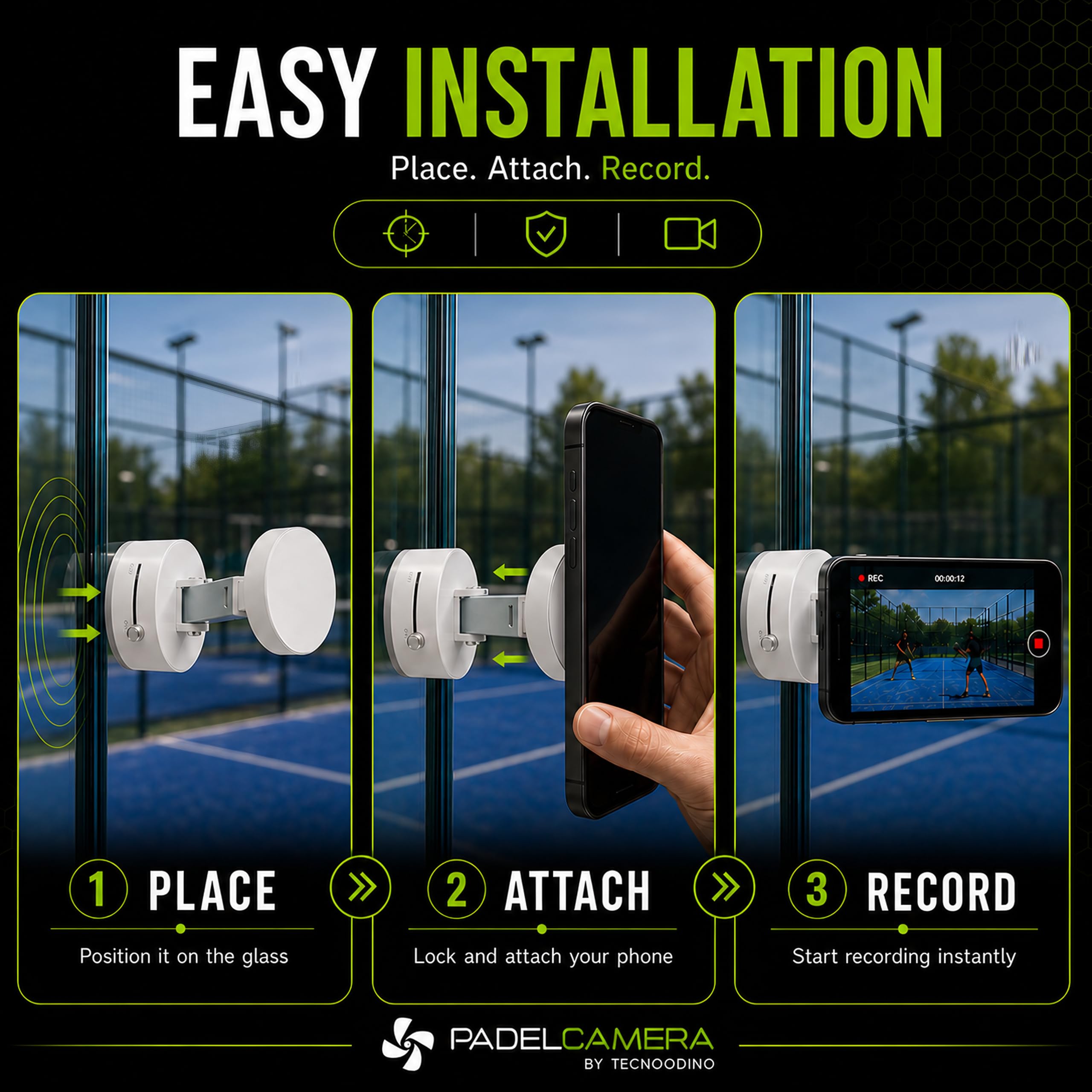 Padelcamera Supporto Cellulare Magnetico 360 gradi | Padel, Gym, Crossfit | Ventosa Potente | iPhone 16/15/14/13/12 e Samsung (Bianco)