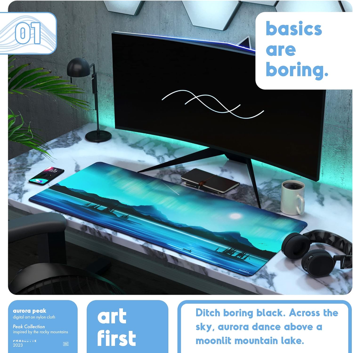 PhaseByte Aurora Peak Extended Gaming Mouse Pad - Non-Slip Gaming Mouse Mat with Stitched Edges, Smooth Micro-Fiber Computer Desk Mat, Hand Washable, 35.4"x15.7", 900x400x4mm