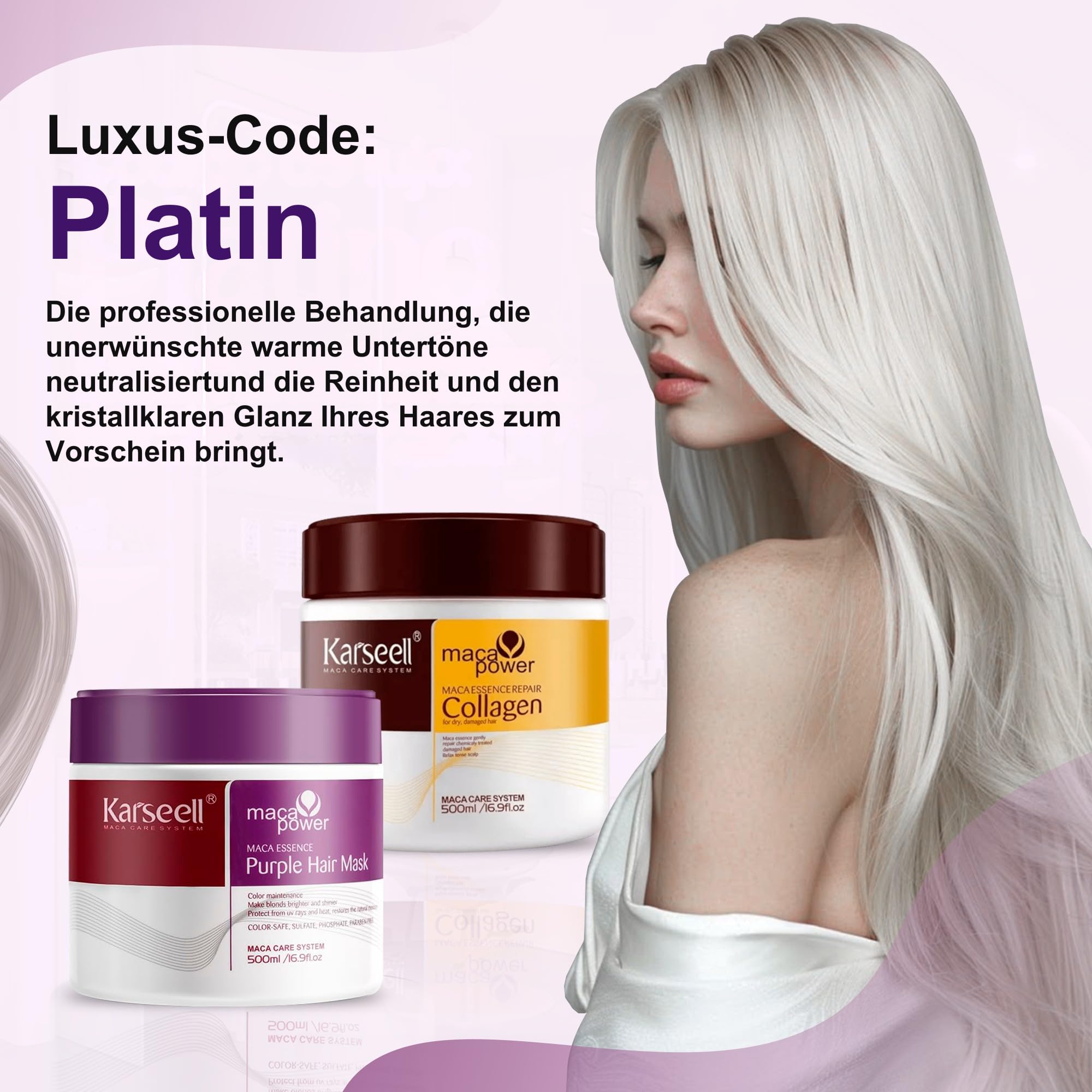 Karseell MACA CARE SYSTEM Set 1 Kollagen-Haarmaske + Violette Haarmaske Gegen Gelbstich Tiefenpflege Feuchtigkeit Reparatur Trockenes Geschädigtes Blondiertes Graues Weißes Haar Ohne Sulfate