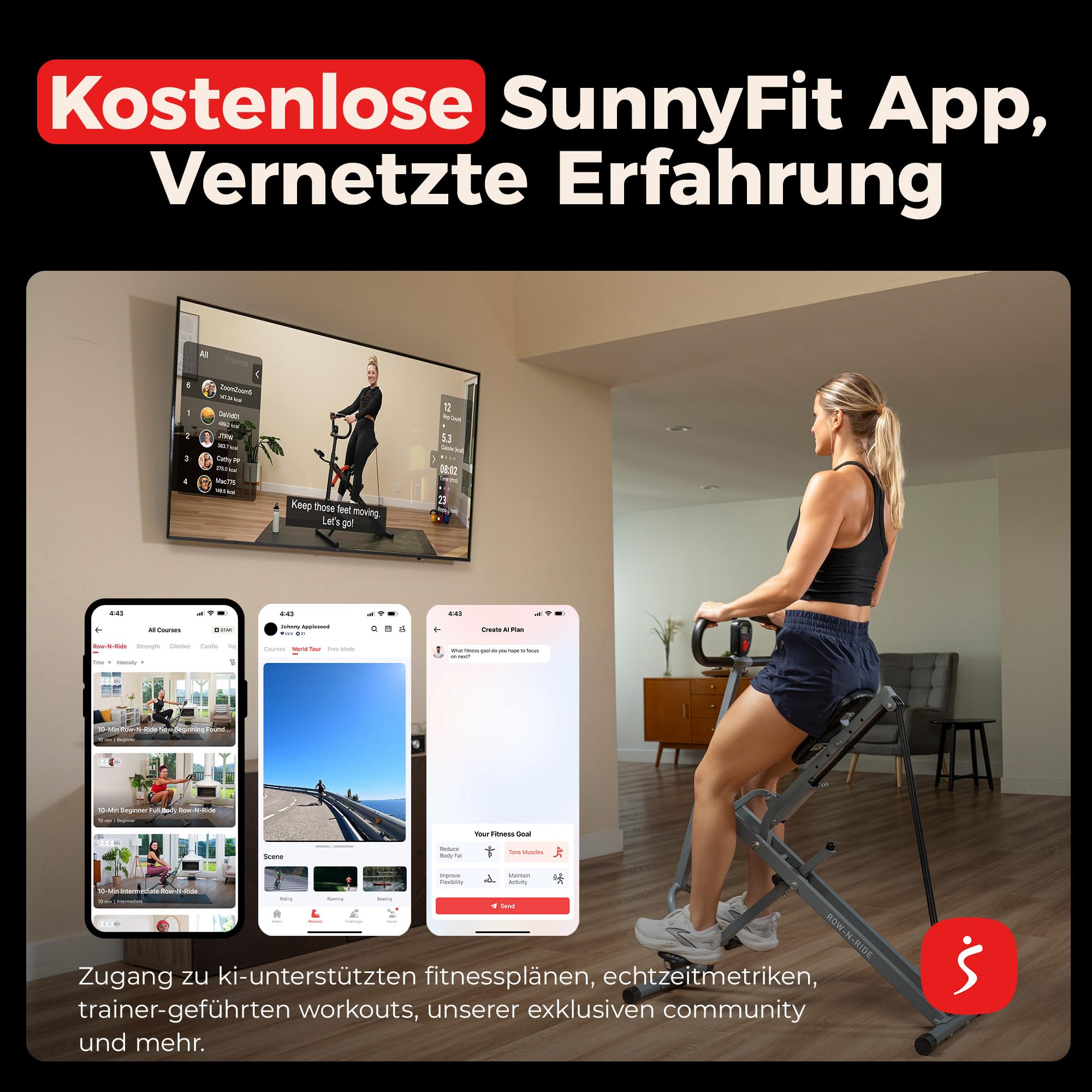 Sunny Health & Fitness Row-N-Ride Squat Assist Trainer, Faltbares und Trainingsgerät mit Verstellbarem Widerstand, Heimtrainer für Arm, Gesäß, und Beintraining, in Verschiedenen Farben Erhältlich
