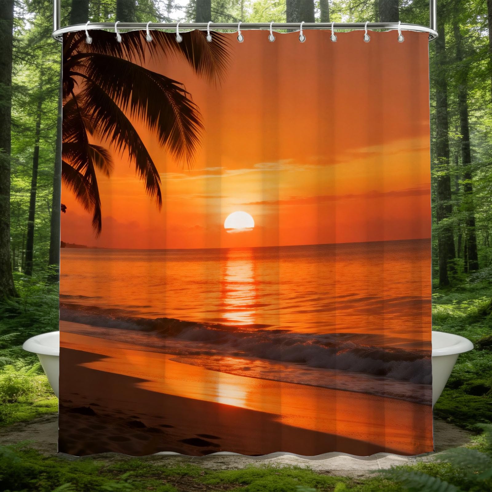 Hongduo 3D Beach Sunset Shower Curtain for Stalls Bathtubs Ocean Bathroom Decor Shower Curtain Set Polyester Fabric Waterproof 180x200cm/71X79 Inch with Hooks