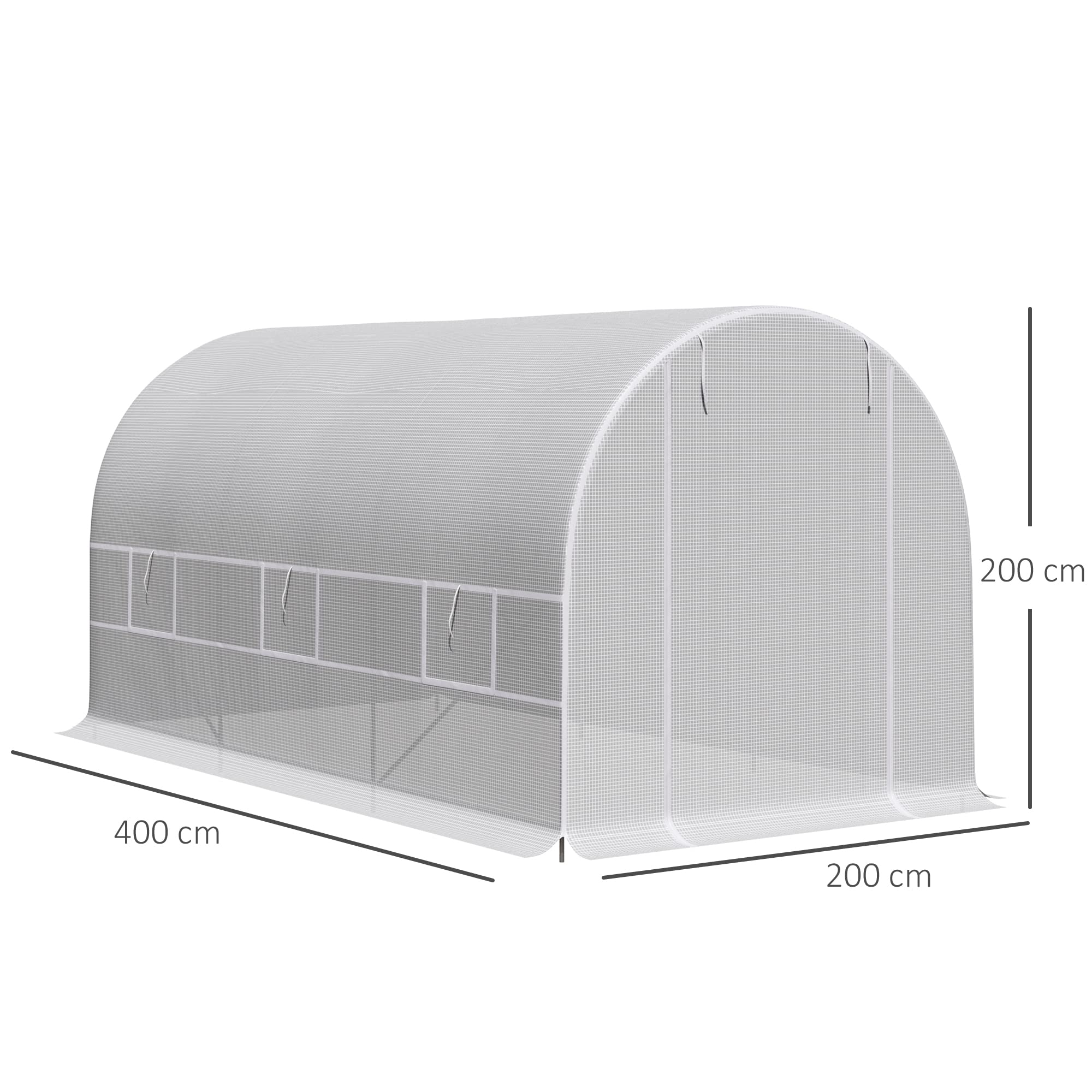 Outsunny Serra da Giardino a Tunnel 4x2x2 m con Porte Avvolgibili e Finestre, Serra per Orto con 4 Rinforzi Diagonali, Struttura in Metallo e Copertura PE, per Orto Verdure Fiori, Bianco