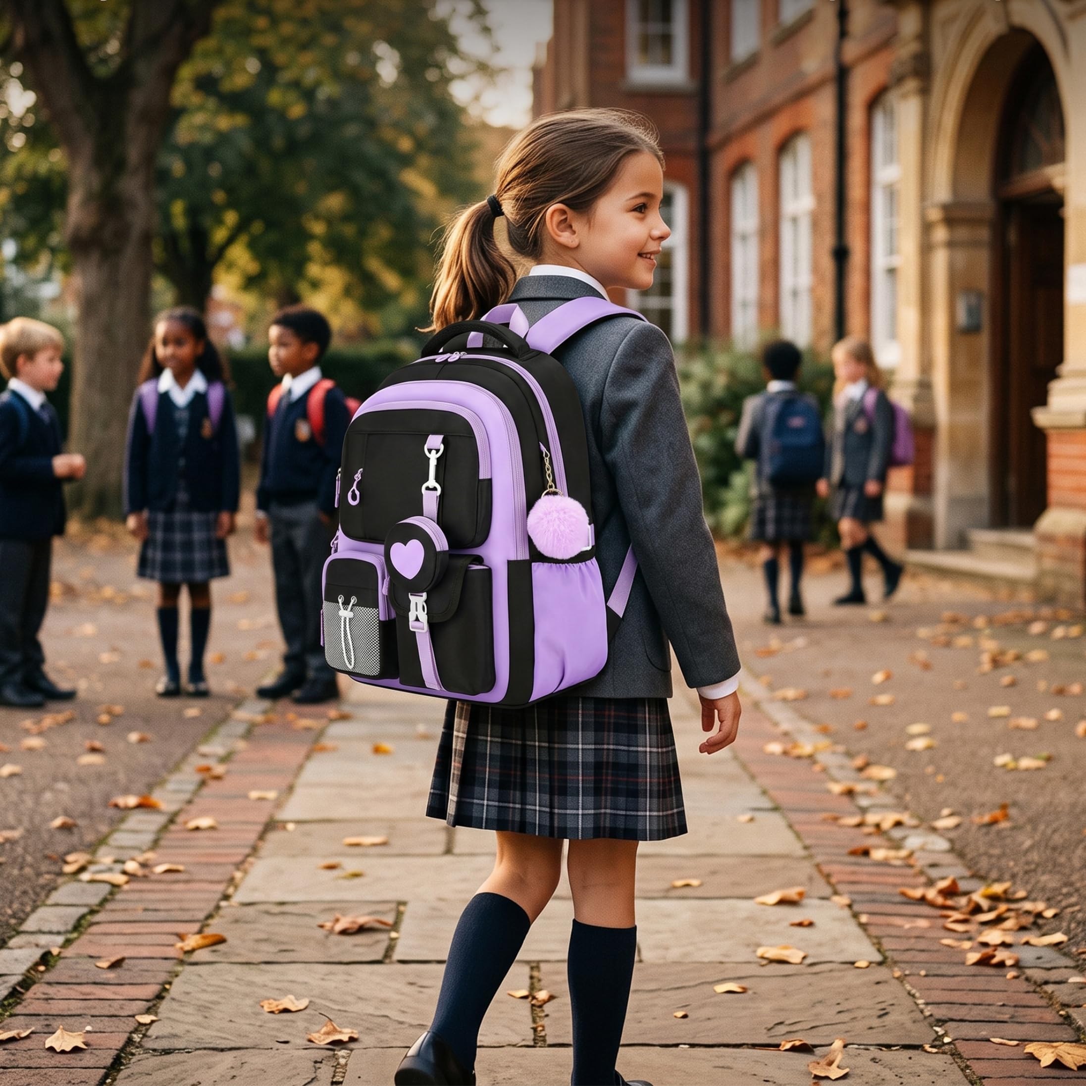 Conjunto de mochila para niñas, bolso escolar con lonchera y estuche, negro y morado