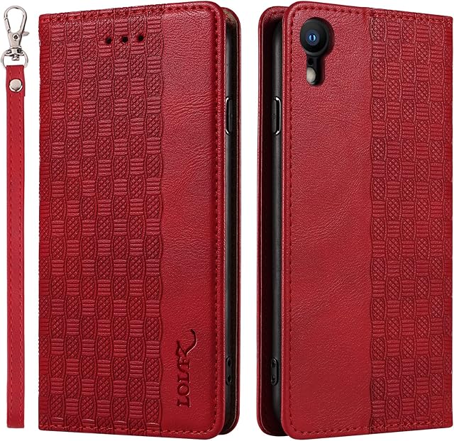 LOLFZ Case for iPhone XR, Leather Flip Wallet Case Card Slots Kickstand Wrist Strap Protective Magnetic Phone Case Cover for Apple iPhone XR - Red