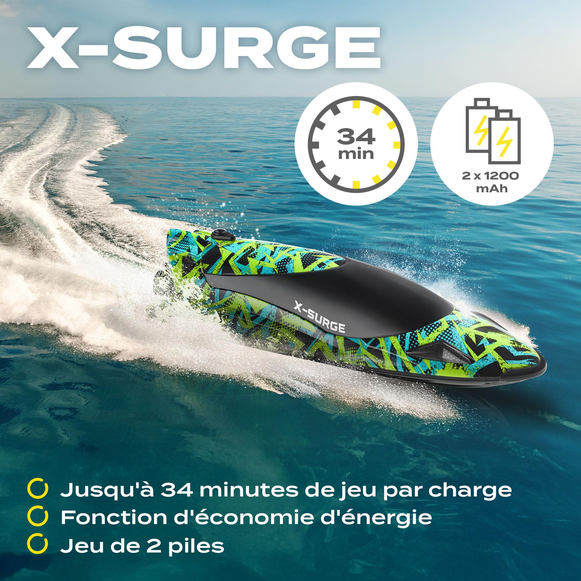 OVERMAX X-Surge – Bateau RC Haute Vitesse 35 Km/h – LED, 1200 MAh Batteries, 30 Min D'autonomie – Portée 100 M – Retournement Auto – Refroidissement Eau – Cadeau Enfant 8+