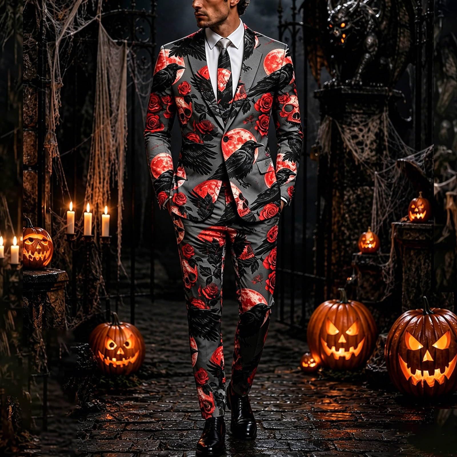 Generisch Slim Fit Herren Halloween Anzug 3 Teilig Elegant Mit Halloween-Print Herrenanzug Anzüge Jacke Stilvolle Sakko Krawatte Für Partys Veranstaltungen Blazer Mantel Festlich Kostüm