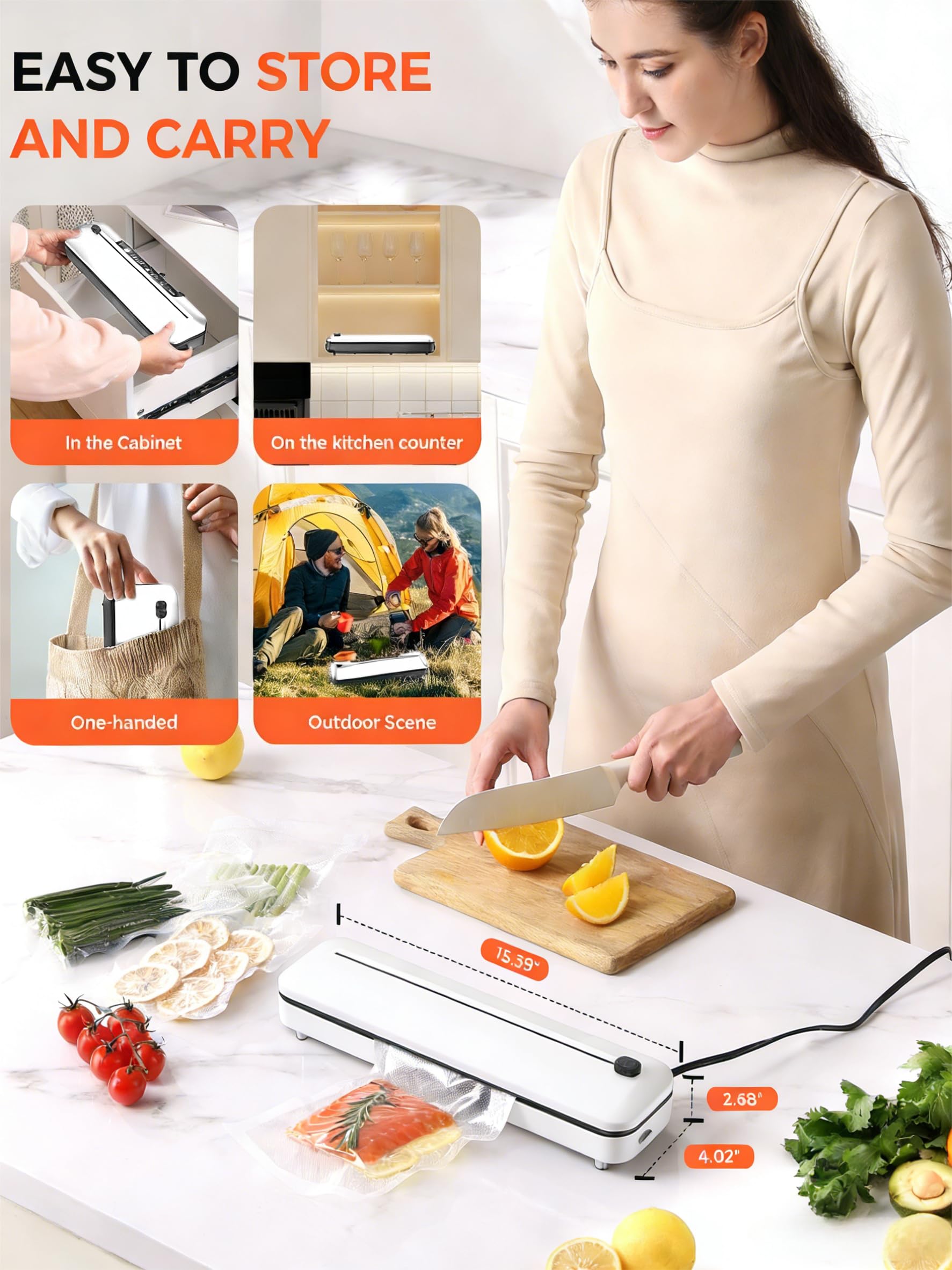 Vacuum Sealer Machine 75KPa Food with 6-in-1 Dry/Moist Modes & Digital Timer, Compact Lightweight Design, Built-in Cutter + 10 Bags (White) — view 4