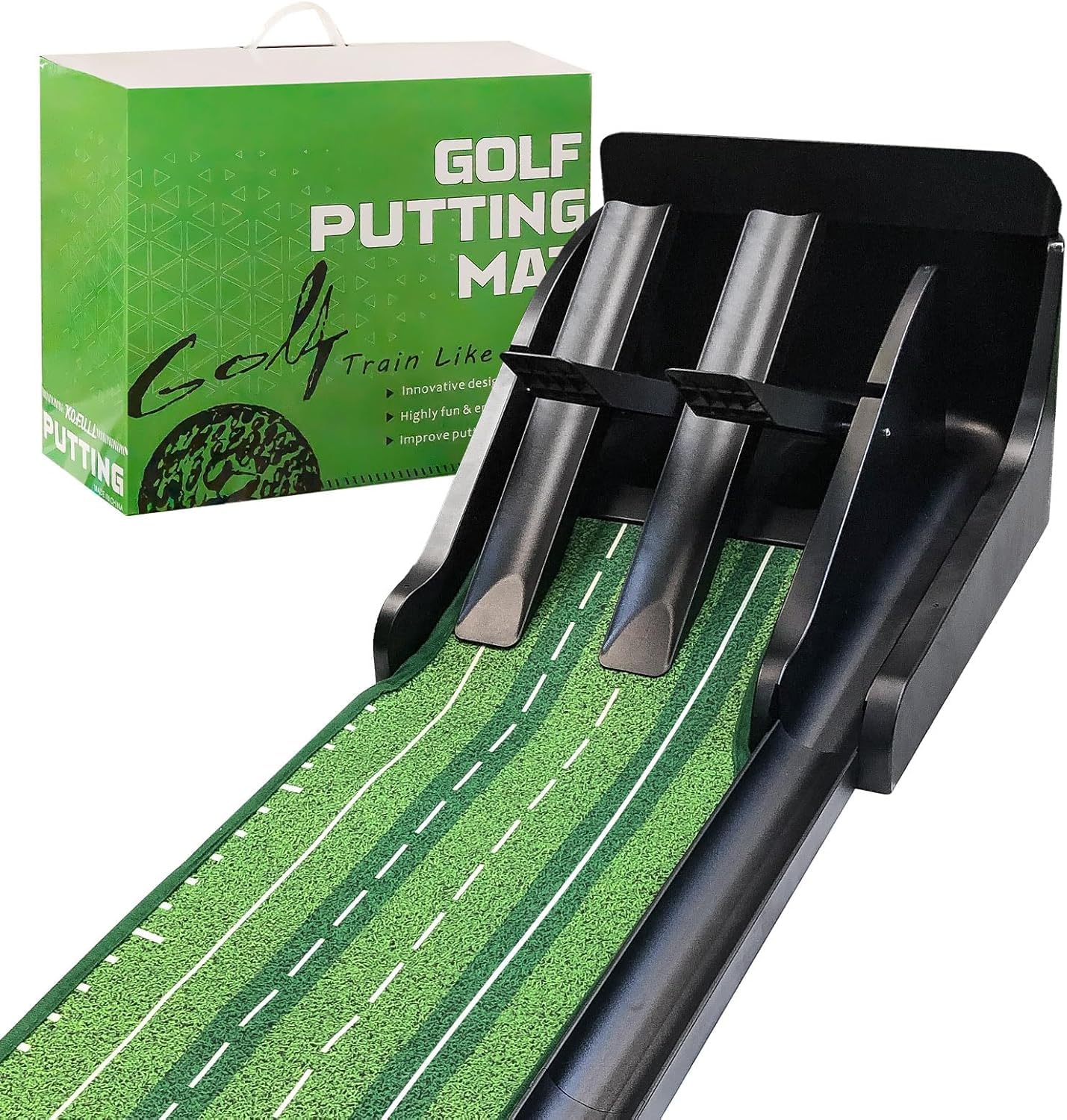 KOFULL Golf Putting Matte mit Ball rücklauf Puttingmatte für den Innenbereich, Pisten-Design, Übungsspiel für Zuhause, Büro, drinnen und draußen