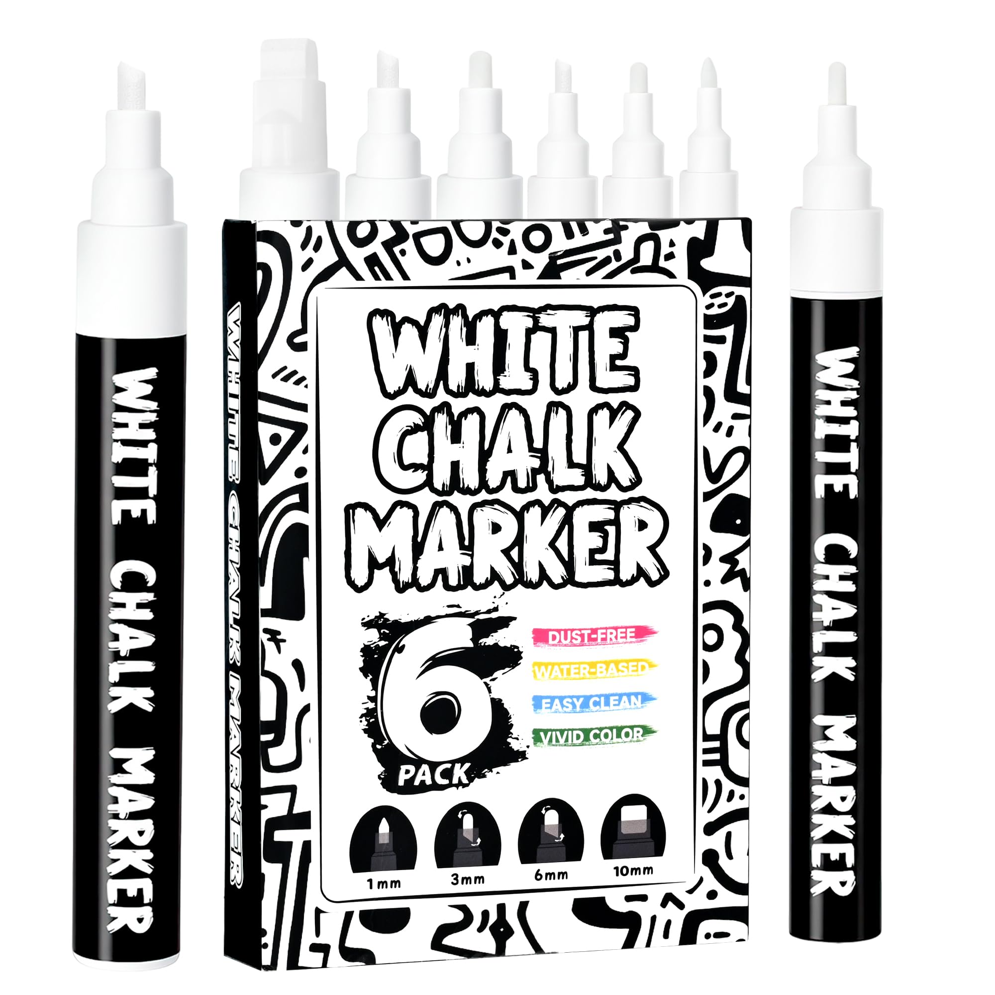 Hueritfly White Liquid Chalk pens - 6 Pack, Non-Toxic & Dust-Free, Chalk Pens for Windows and Glass, Blackboards, Mirror, Bright Colors Markers(1 mm, 3 mm, 6 mm, 10 mm)