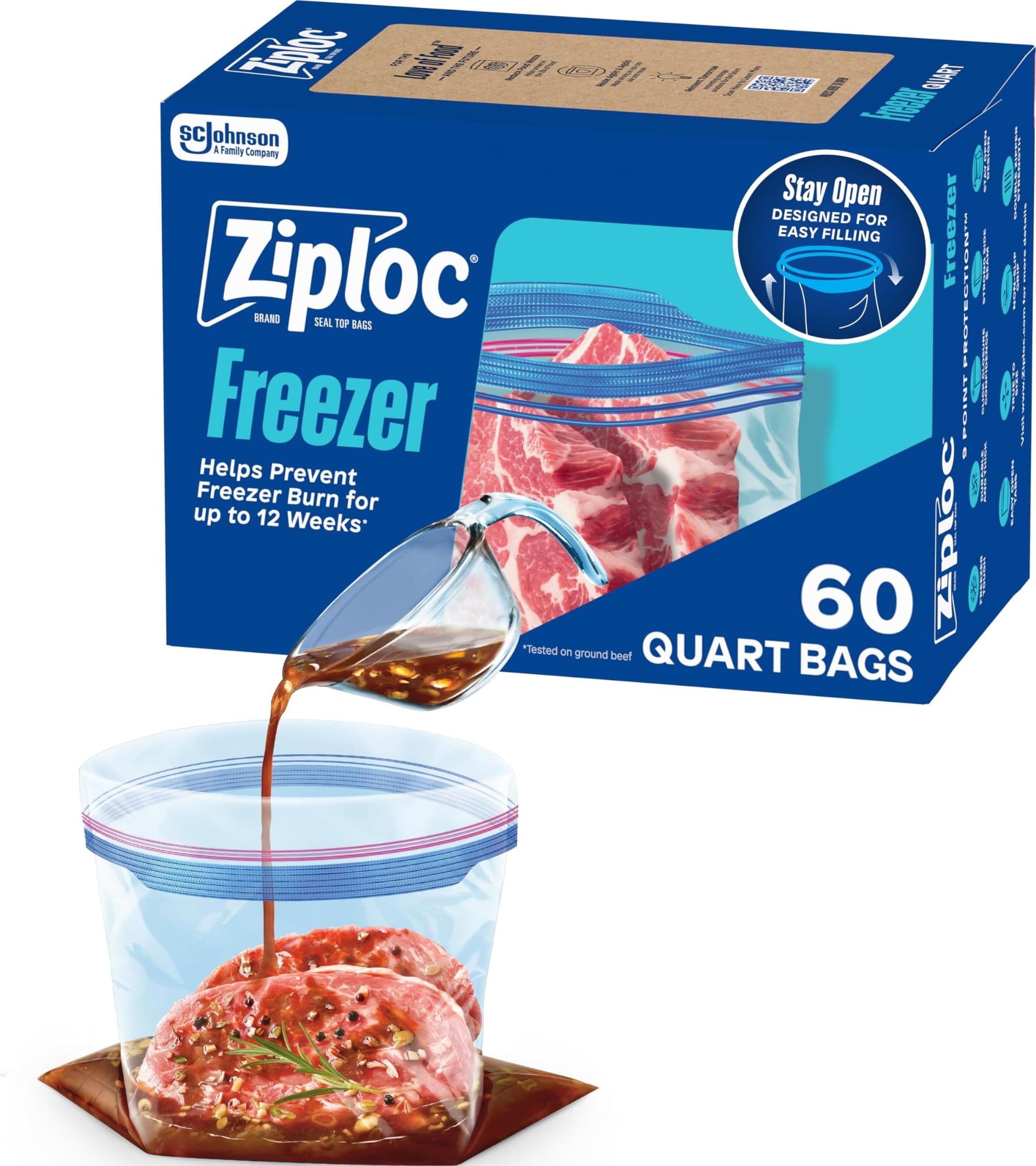 Ziploc Quart Freezer Bags, Food Storage, Stand-Up Bottom, 60 Count