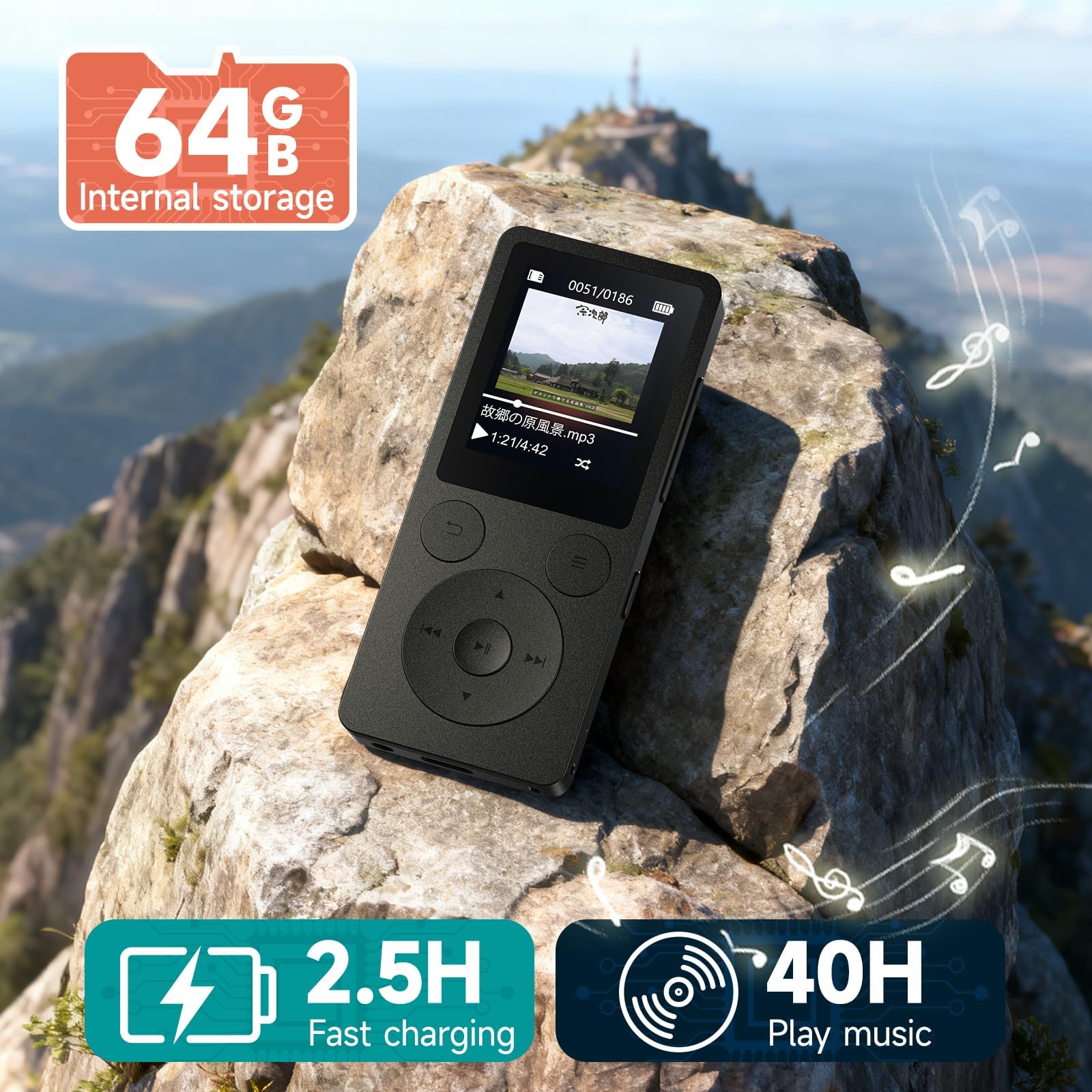 64GB MP3 Player Bluetooth 5.3 & Lautsprecher – Upgrade mit physischen Tasten (Zurück, Menü, Lautstärke), Nur 37g mit Kopfhörer FM Radio Diktiergerät Mini-Design HiFi-Sound, bis zu 128G