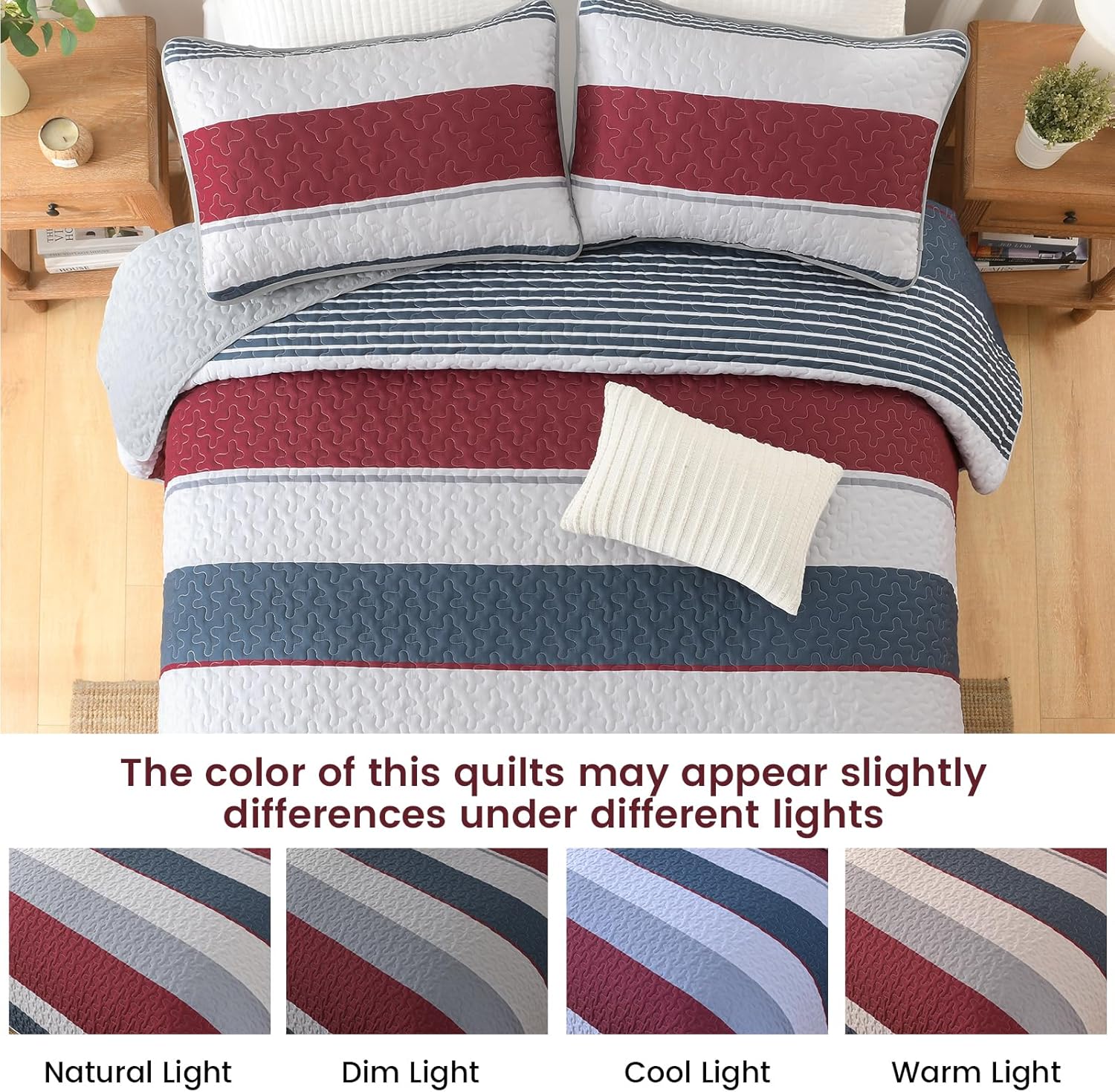 Dinjoy Boho Quilt King Size,Red Striped Bedding Sets Patchwork Bedspread, 3 Pieces Lightweight Micofiber Coverlet Sets with 2 Pillowshams for All Season (104"x90")