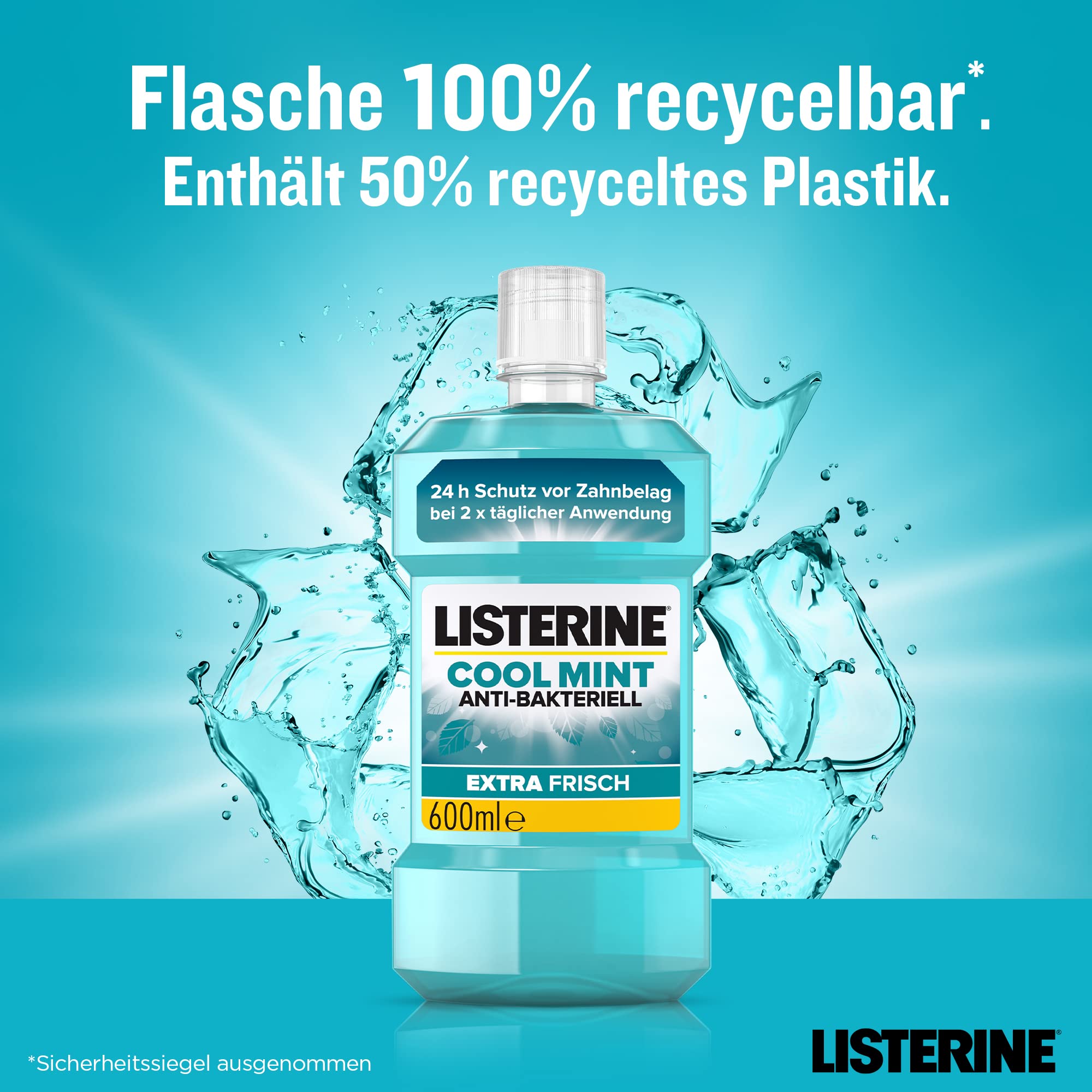 LISTERINE Cool Mint (6 x 600 ml), antibakterielle Mundspülung mit ätherischen Ölen und intensivem Minzgeschmack