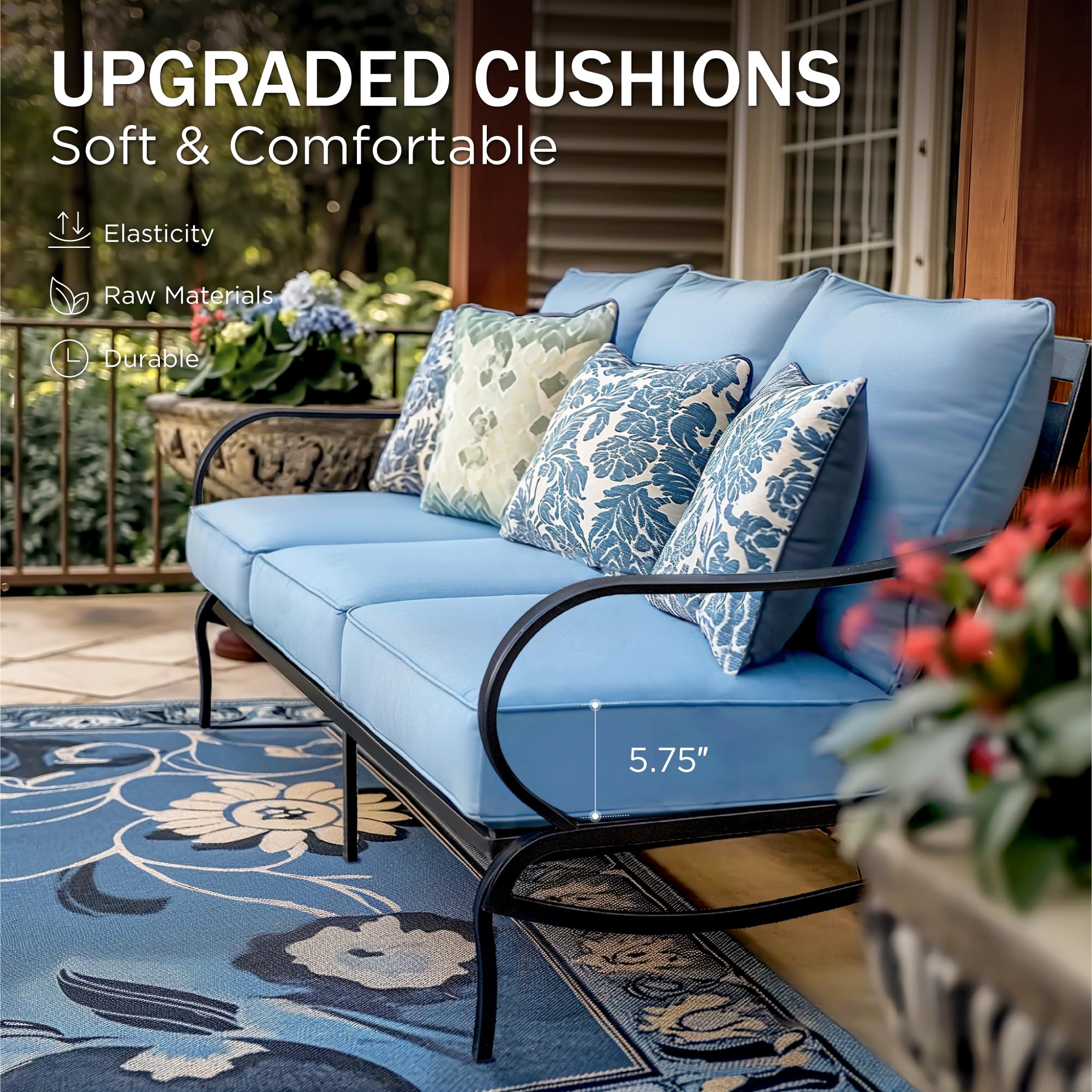 PHI VILLA 8 PCS Outdoor Patio Furniture Set with 1 x 45 Metal FirePit Table, 1 x 3-Seat Deep Seating Bench, 2 x Swivel Sofa Chairs, 2 x Leg Sofa and 2 x Ottoman, 5.75