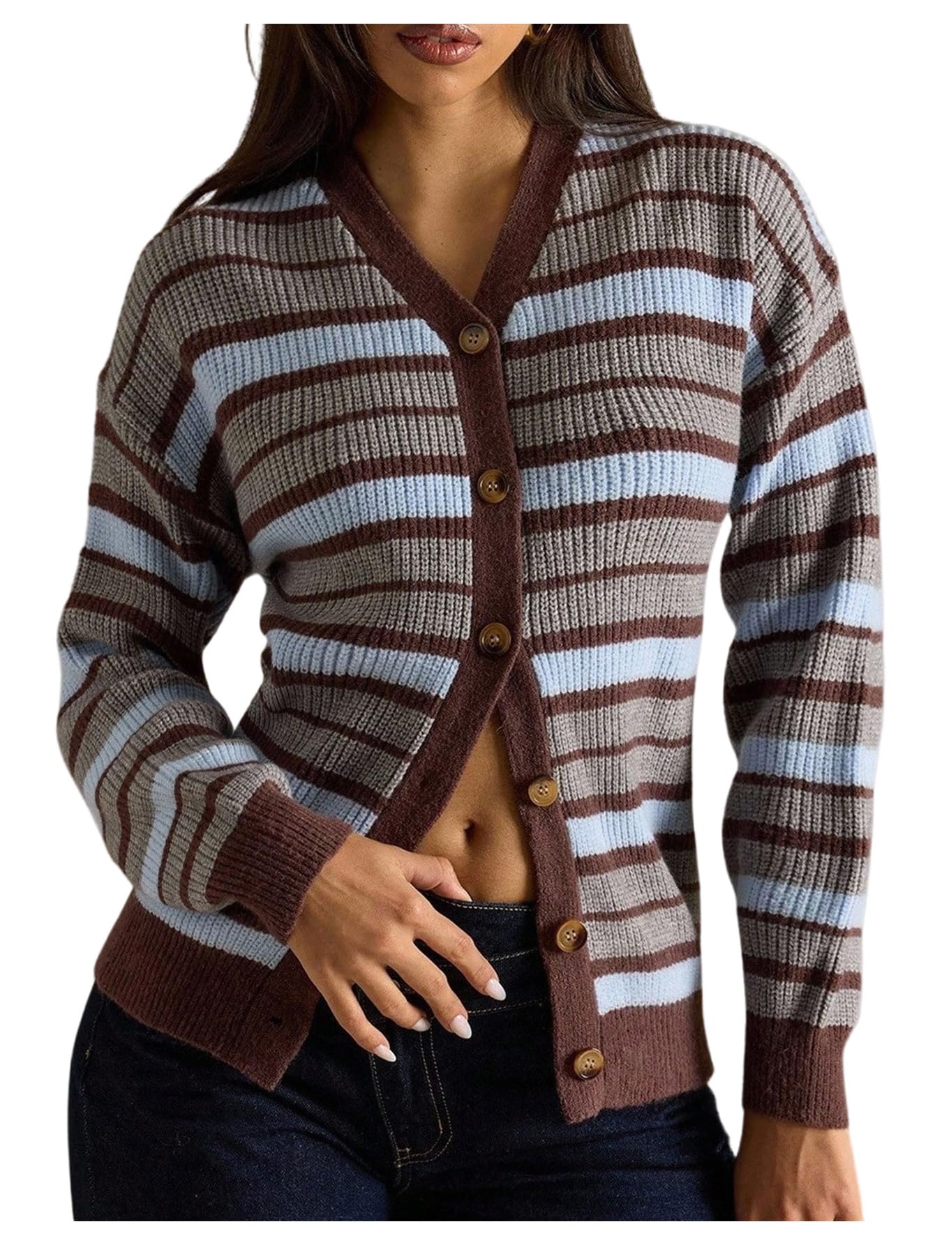 MakeMeChic Womens Fall Striped Cardigan Vintage Long Sleeve V Neck Button Down Sweater