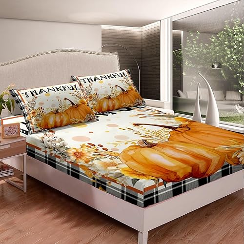 Sábana bajera ajustable de calabaza de otoño para niñas y niños, tamaño Queen, juego de ropa de cama de cosecha de otoño, juego de sábanas
