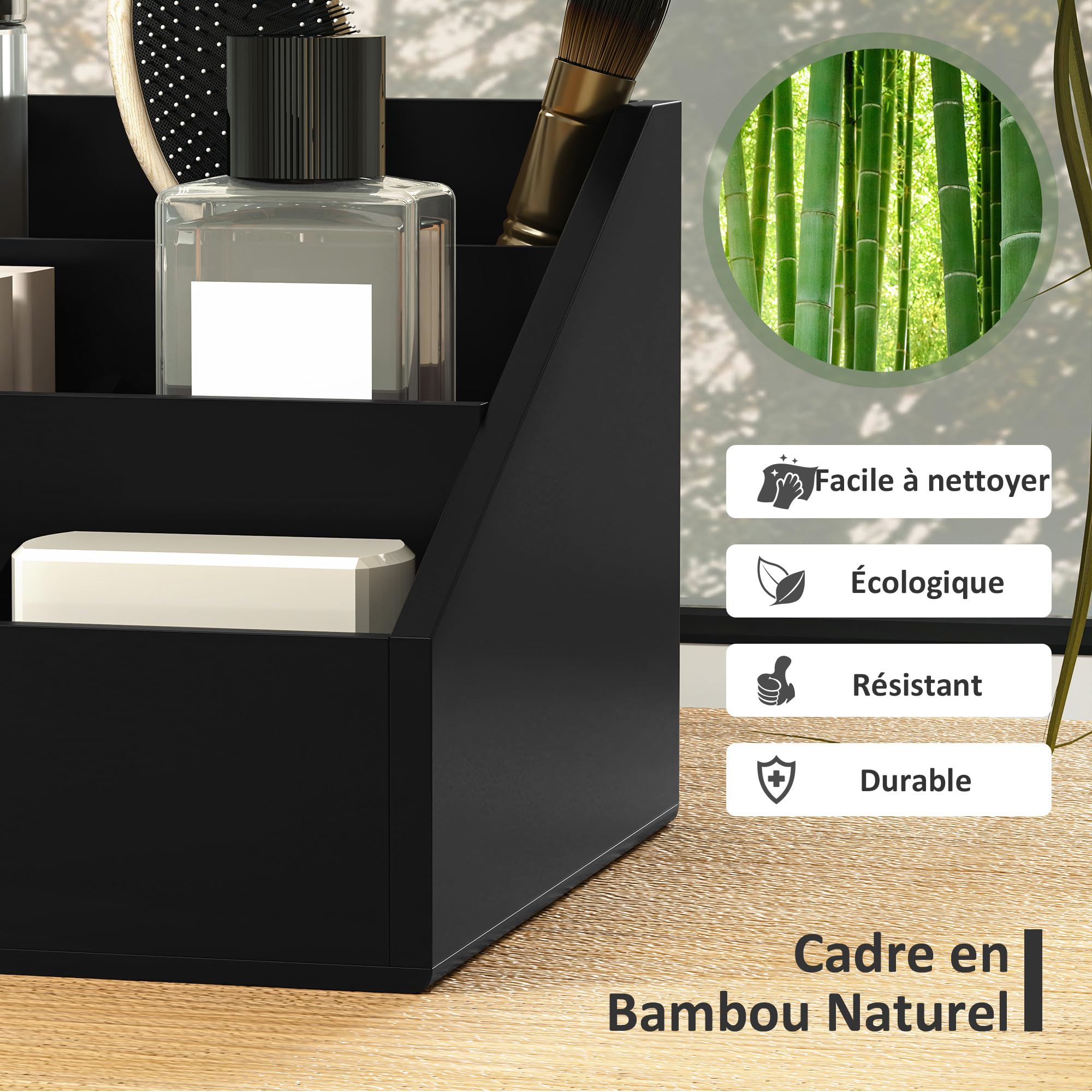 HOMCOM Boite de Rangement de Bureau - Organiseur de Bureau - 7 Compartiments, 2 tiroirs - Bambou Verni, Noir