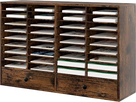 TQAVI Wood Classroom Mailbox 36 Compartments with 2 Drawer, Large Paper Organizer with Adjustable Shelves to Sorting Literature Bill, A4 Size File Organizer for Office School Home, Antique Brown