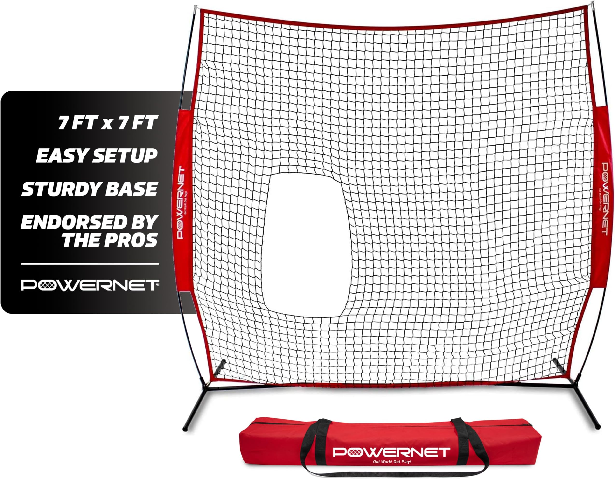 PowerNet 7x7 FT Pitch-Thru Protection Pitching Screen for Softball, 49 Sq Ft Barrier Net Only or Net + Frame, Portable Pitching & Batting Practice Net, Open Area in Net for Ball to Pass Through