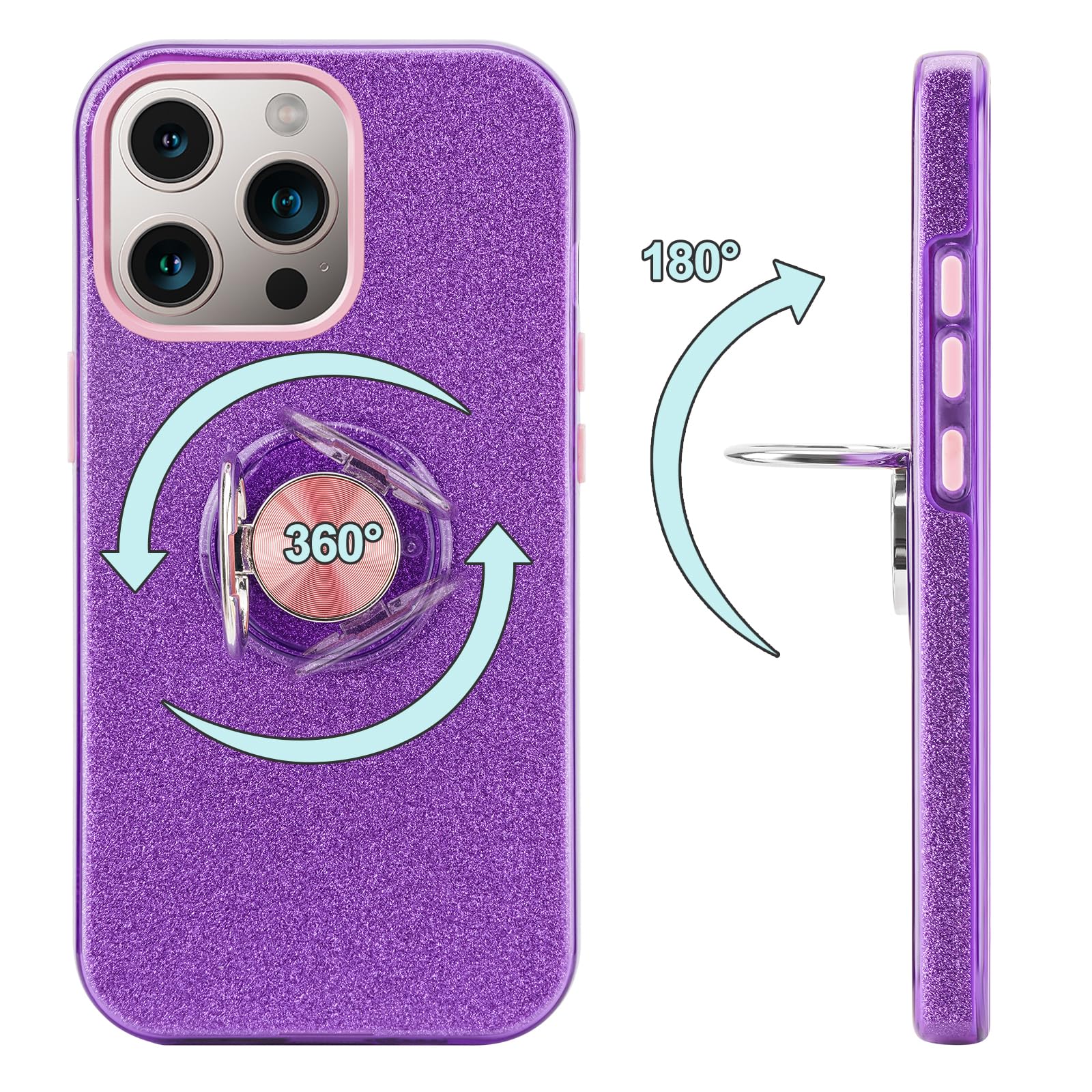 wisdompro Case for iPhone 15 Pro Max, Cute Glitter Bling Sparkle Protective Case with Ring Kickstand - Image 4
