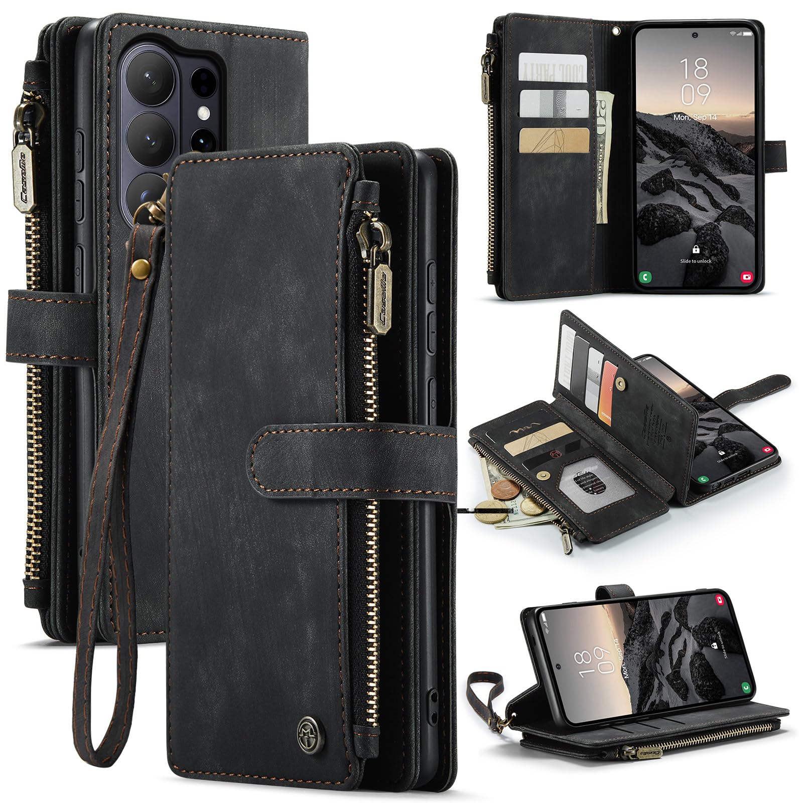 UEEBAI Funda tipo cartera para Samsung Galaxy S26 Ultra, hecha a mano, piel sintética, ranuras para tarjetas, cierre magnético, bolsillo con cremallera, funda con función atril y correa de mano, color