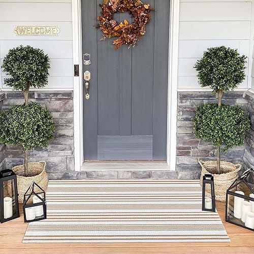 Miniatura 6 de Alfombra de exterior a rayas color caqui y blanco, de 24 x 51 pulgadas, tejida a mano, lavable a máquina, para interiores y exteriores, para
